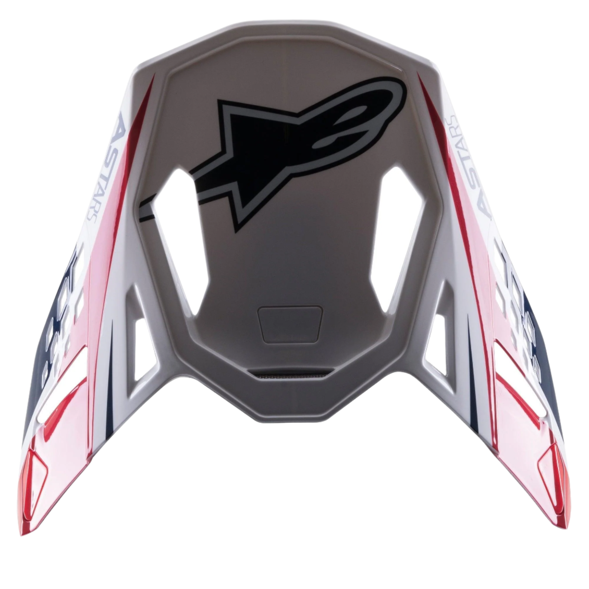 Alpinestars Supertech M10 Carbon Meta2 Visier, Motocross-Helm-Zubehör, glänzendes Finish in Weiß, Rot und Blau, großes schwarzes Astar-Logo oben, seitliches Branding, aerodynamisches Design mit Belüftungsausschnitten für Offroad-Helme