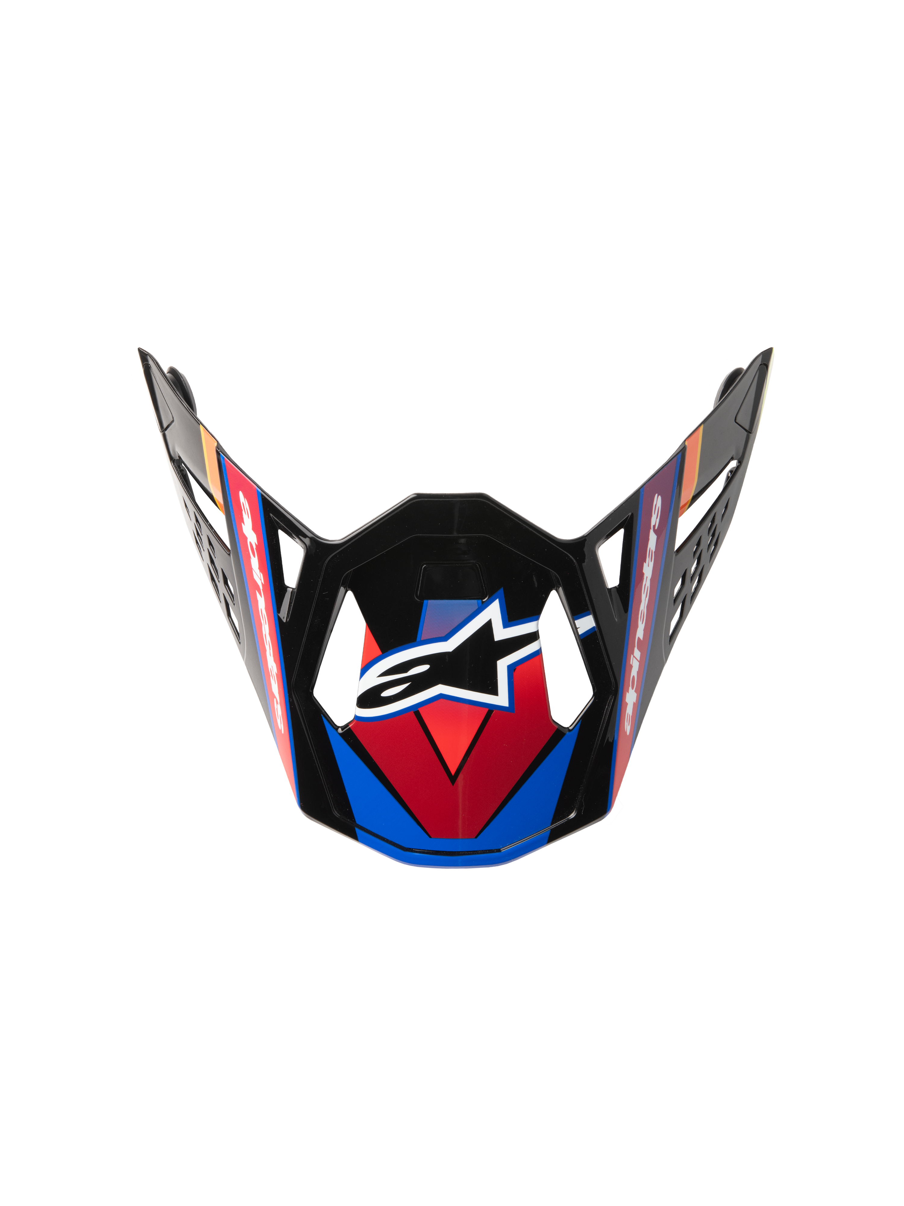Alpinestars Supertech M10 Era Visier, Motocross-Helm-Ersatzvisier, Blau, Rot und Gelb Fluo, glänzend schwarzes Finish mit kantigen Grafiken, zentrales weißes Stern-Logo und aerodynamische Belüftungsausschnitte