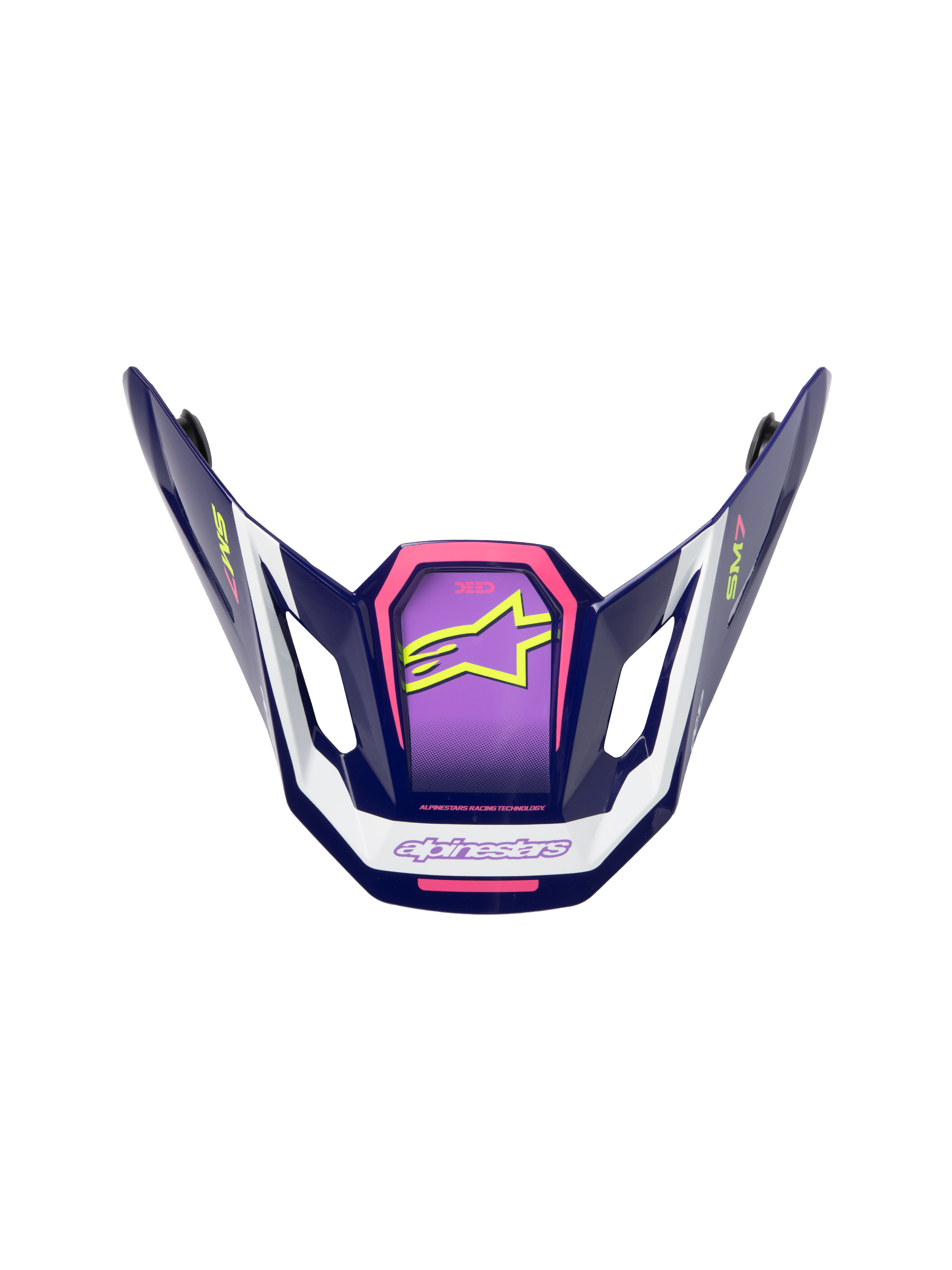 Alpinestars S-M7 Deed Visier, Motocross-Helm-Zubehör, Lila, Pink und Weiß, Hochglanz-Finish mit neongelbem Stern-Logo und SM7-Branding, kantiges aerodynamisches Design für den Offroad-Rennsport