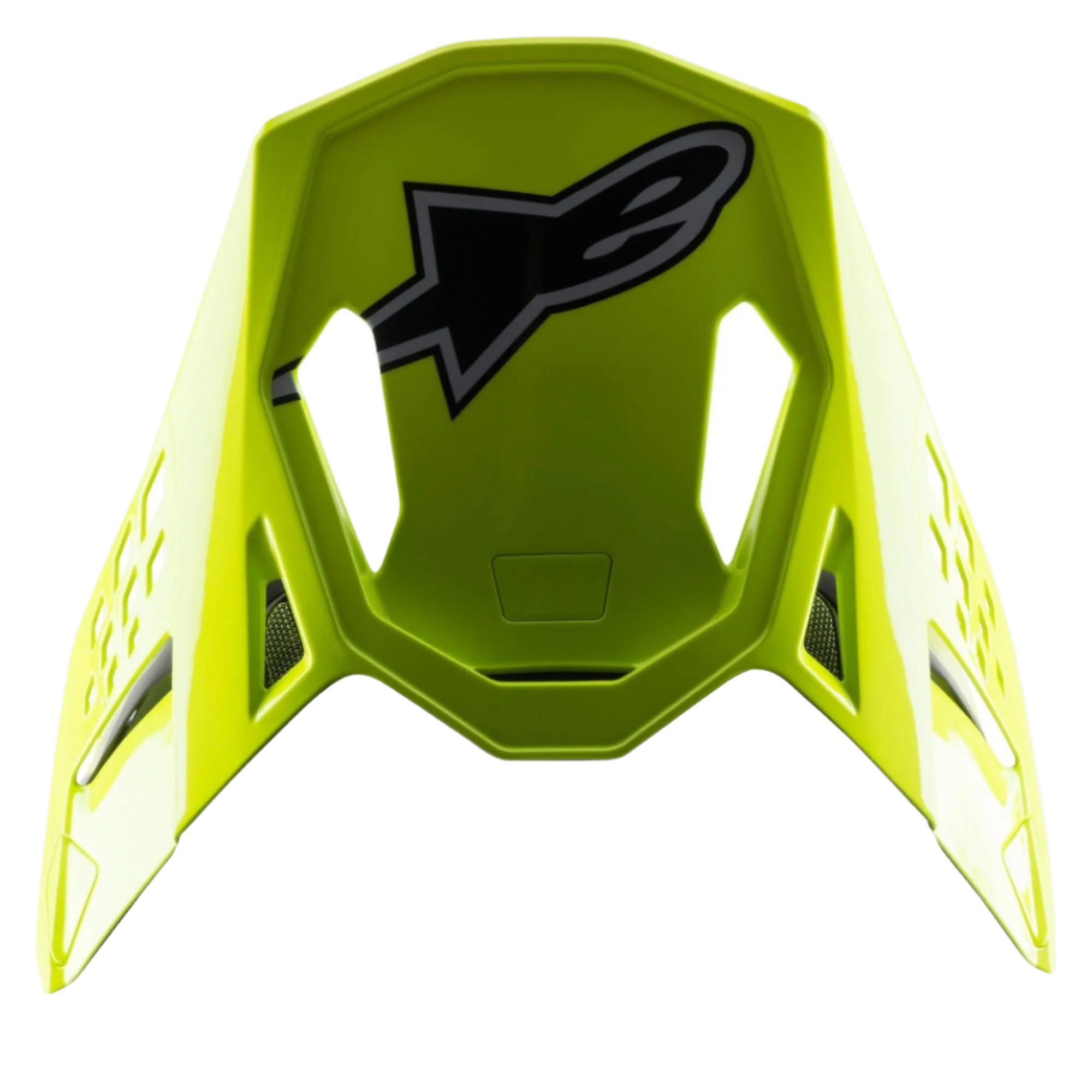 Alpinestars S-M8 Factory Visier, Motocross-Helm-Ersatzvisier, Leuchtgelb Fluo, mit großem schwarz-grauem Alpinestars-Logo oben, glänzendes Finish mit aerodynamischen Aussparungen, Snap-On-Zubehör für Supertech M8-Helme