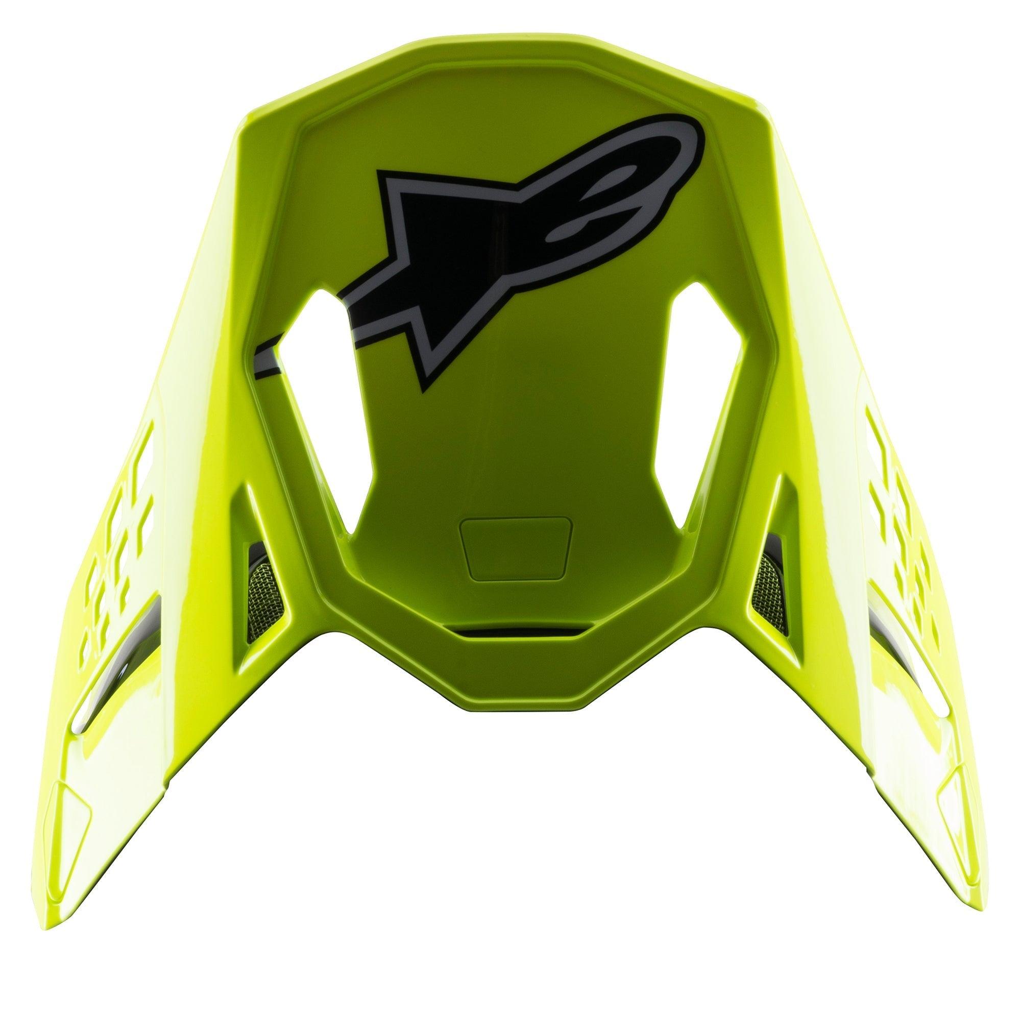 Alpinestars S-M8 Factory Visor, Replacement Motocross Helmet Peak, Bright Yellow Fluo Glossy, featuring a black Alpinestars logo and aerodynamic cutouts, compatible with Supertech M8 helmets