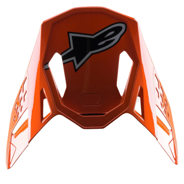 Alpinestars S-M8 Factory Visor, Motocross Helmet Accessory, Glossy Orange with large black and white Alpinestars logo, aerodynamic ventilation cutouts, replacement peak for Supertech M8 helmets