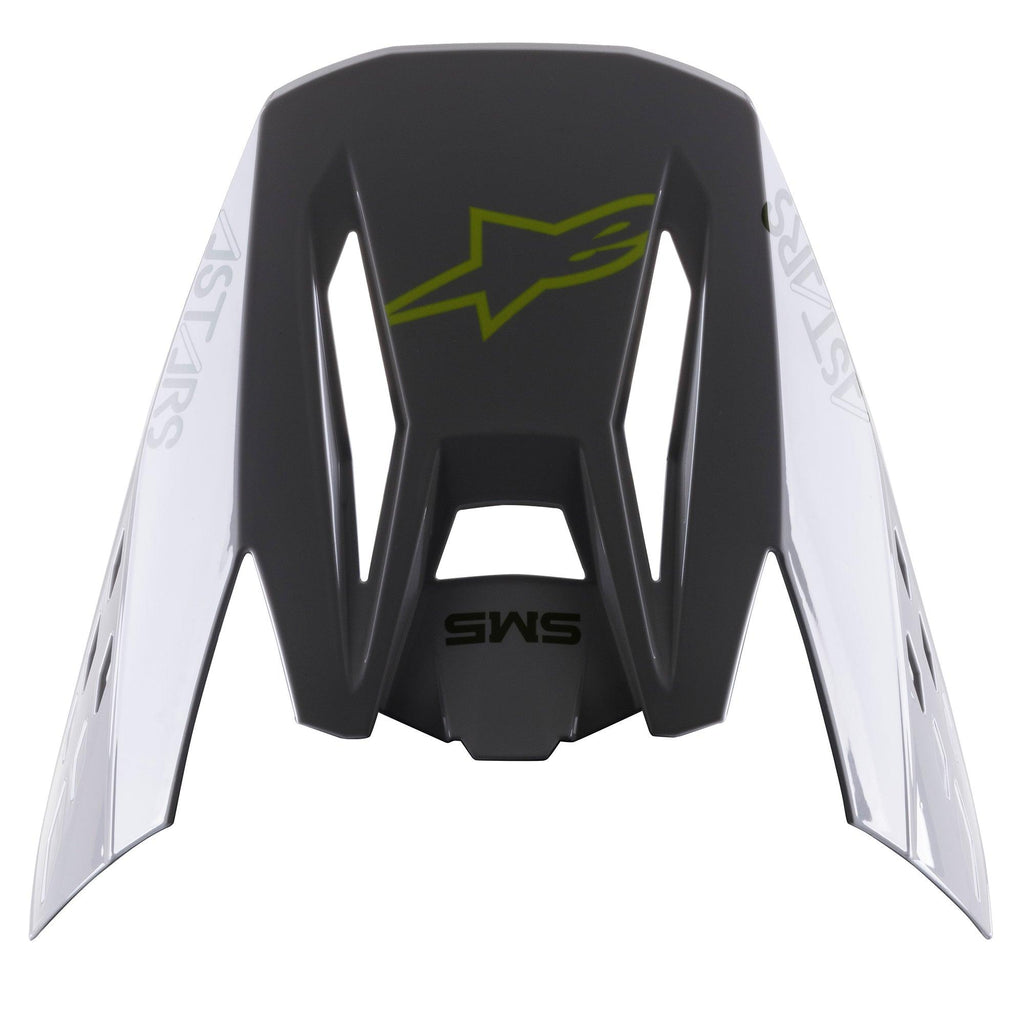 Alpinestars S-M5 Bond Visier, Ersatz-Helmpeak, Silber und Neongelb Glänzend, mit zentralem neongelbem Stern-Logo, SM5-Schriftzug und weißen Seitenpanels mit ASTARS-Branding, glänzendes Finish für Motocross-Schutz