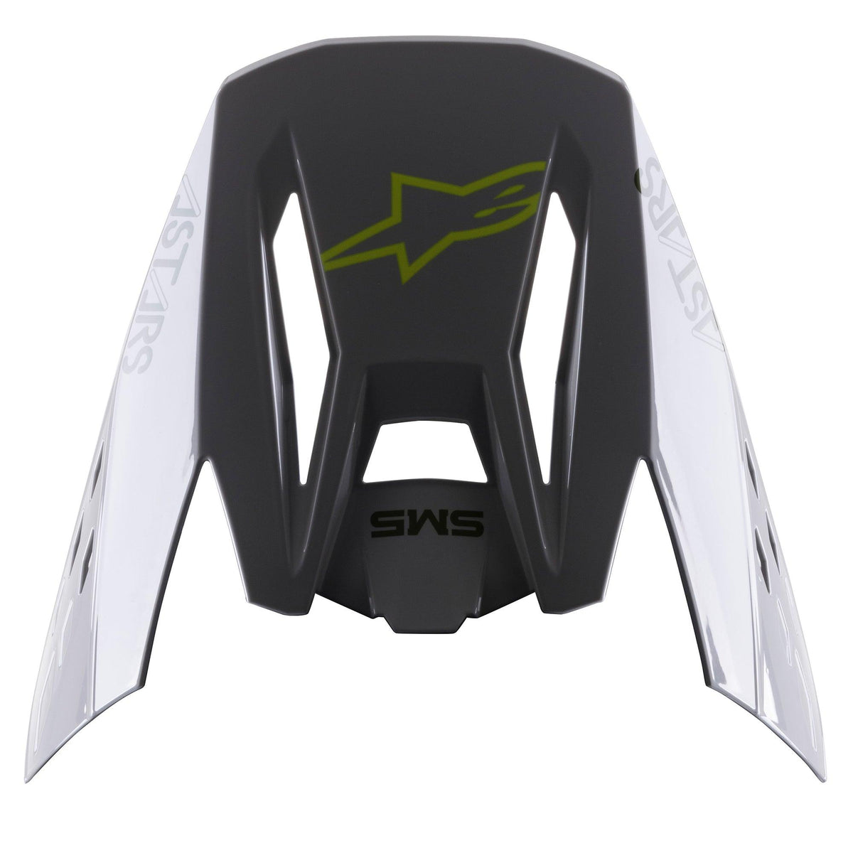 Alpinestars S-M5 Bond Visier, Ersatz-Helmpeak, Silber und Neongelb Glänzend, mit zentralem neongelbem Stern-Logo, SM5-Schriftzug und weißen Seitenpanels mit ASTARS-Branding, glänzendes Finish für Motocross-Schutz