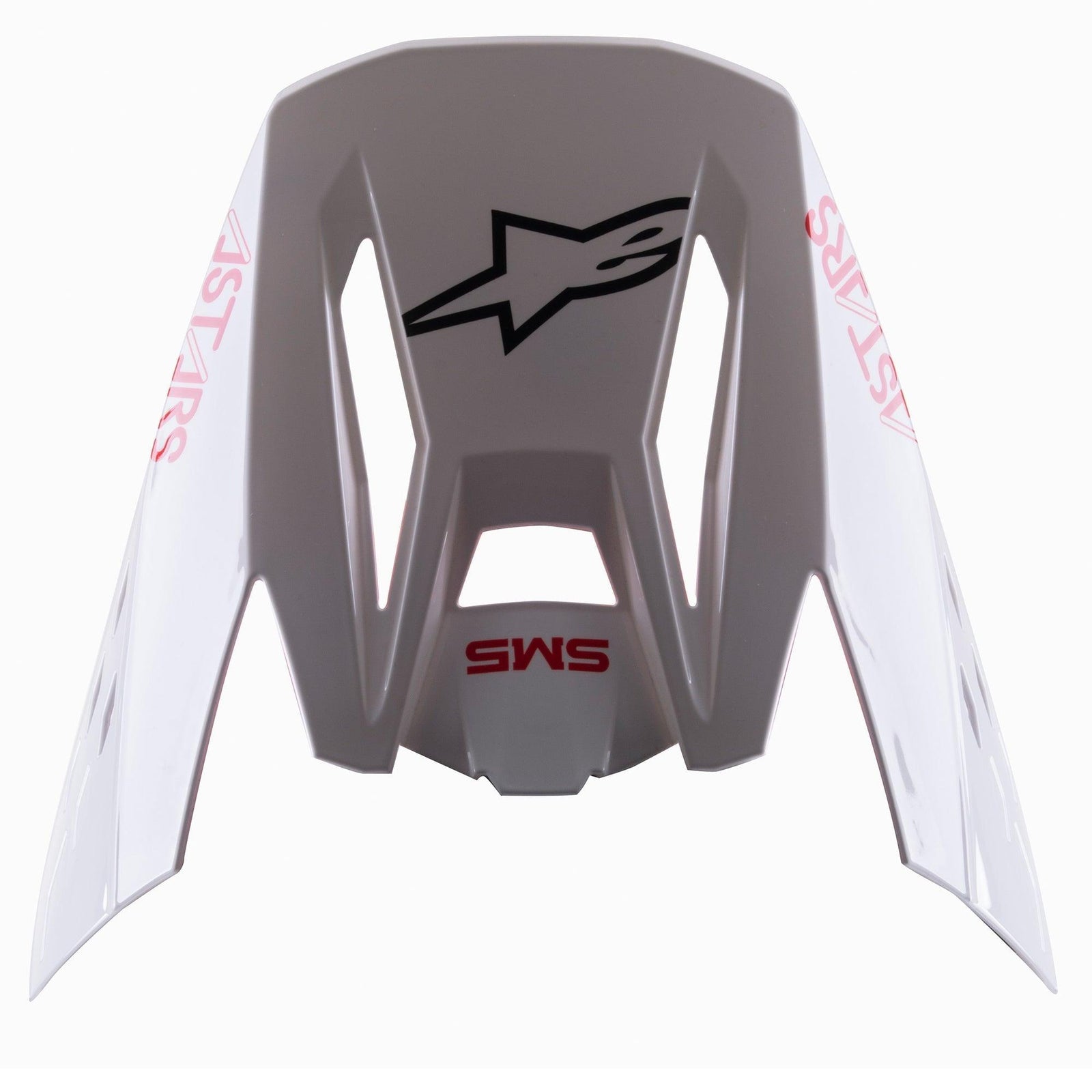 Alpinestars S-M5 Bond White Red Glossy Visor, replacement motocross helmet peak, glossy white with red ASTARS and SM5 branding, black star logo, aerodynamic design for off-road racing