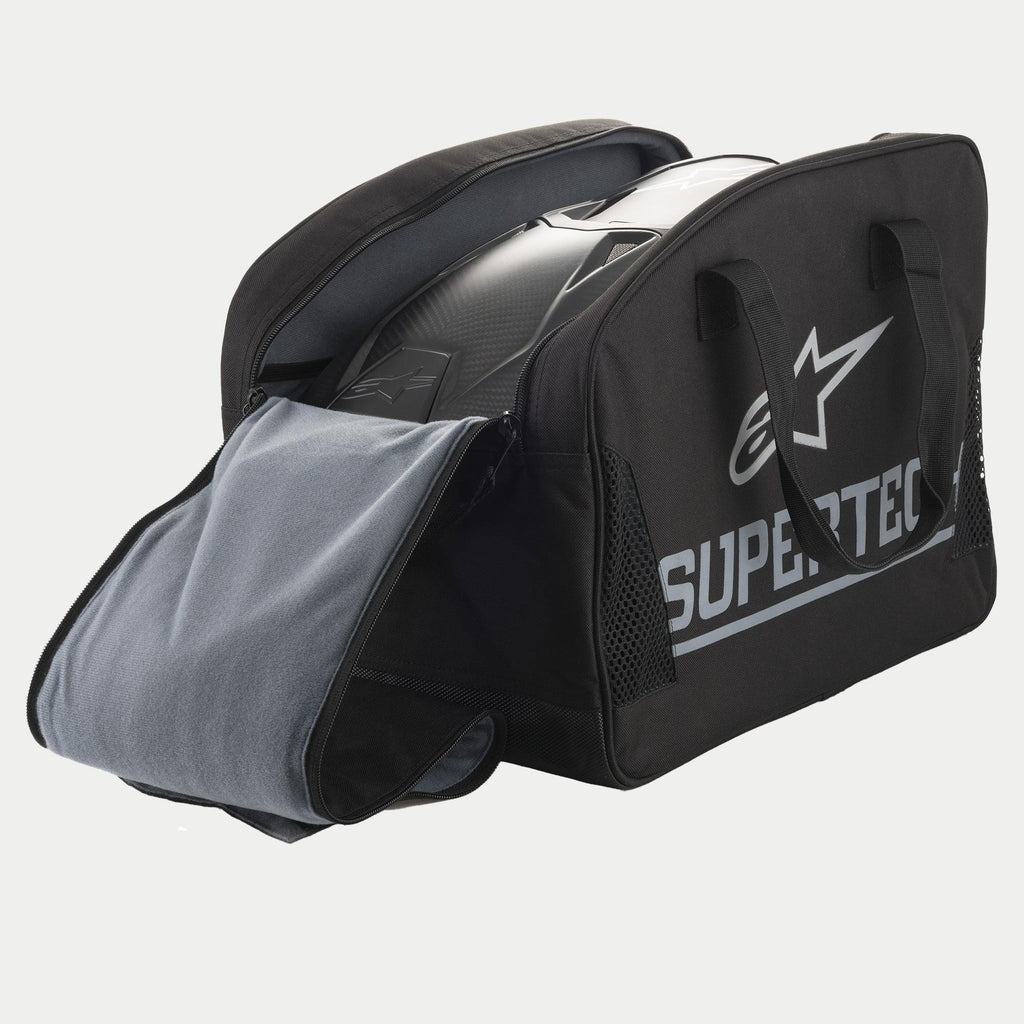 Alpinestars Supertech Semi Rigid Helmet Bag, black semi-rigid protective motorcycle helmet storage bag featuring a large silver logo and soft interior lining