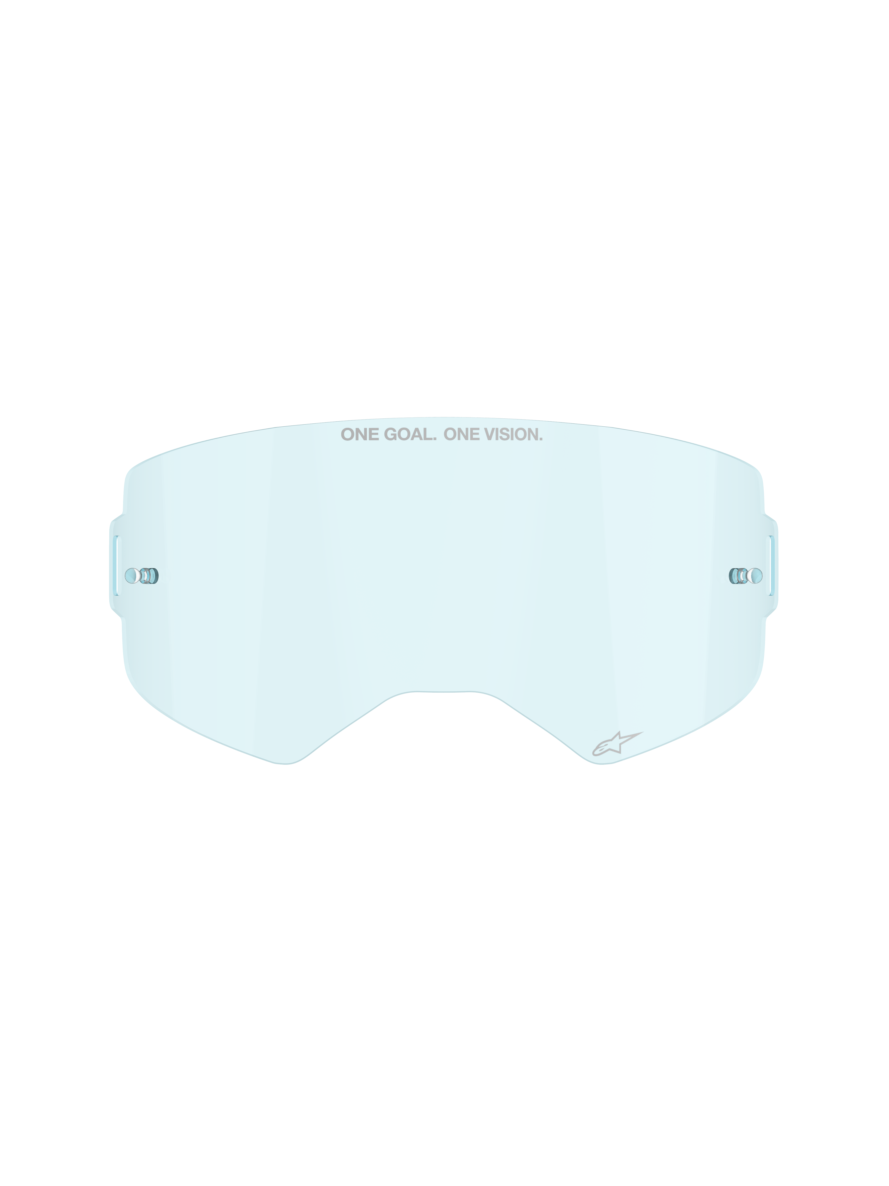 Alpinestars Supertech Clear Lens in Clear Blue, replacement lens for motocross goggles, featuring ONE GOAL ONE VISION branding and integrated tear-off posts, curved impact-resistant polycarbonate design