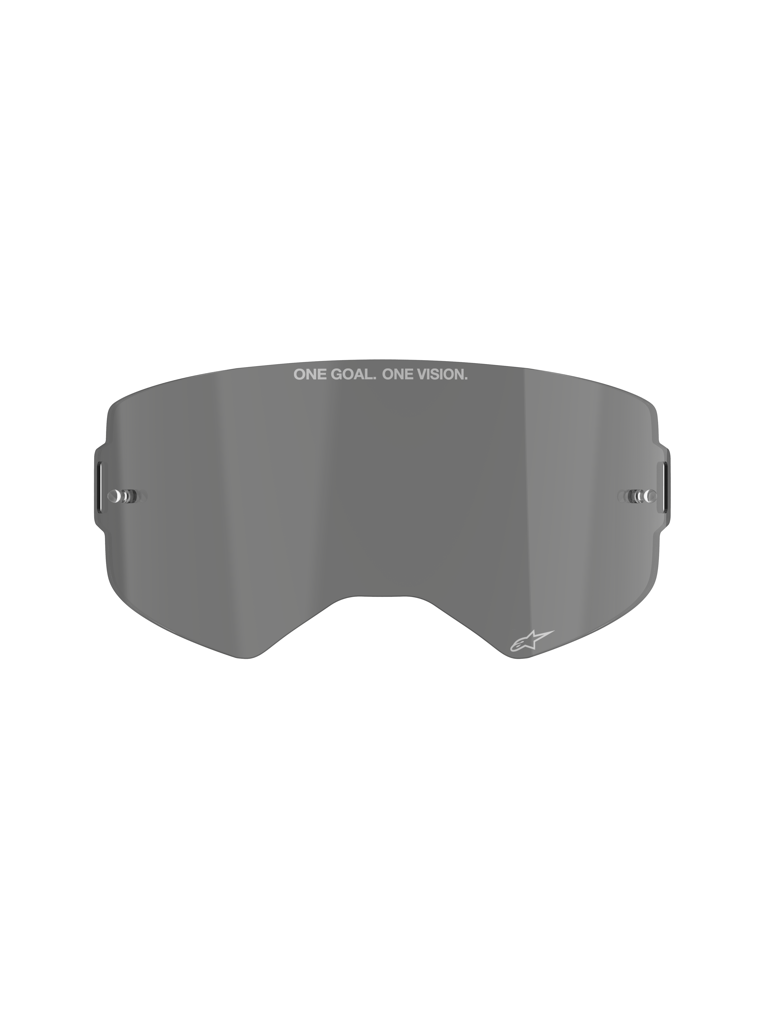 Alpinestars Supertech Smoke Lens, Dark Smoke replacement lens for motocross goggles, curved injection-molded polycarbonate shield with tear-off posts, featuring 'ONE GOAL. ONE VISION.' branding and Alpinestars star logo