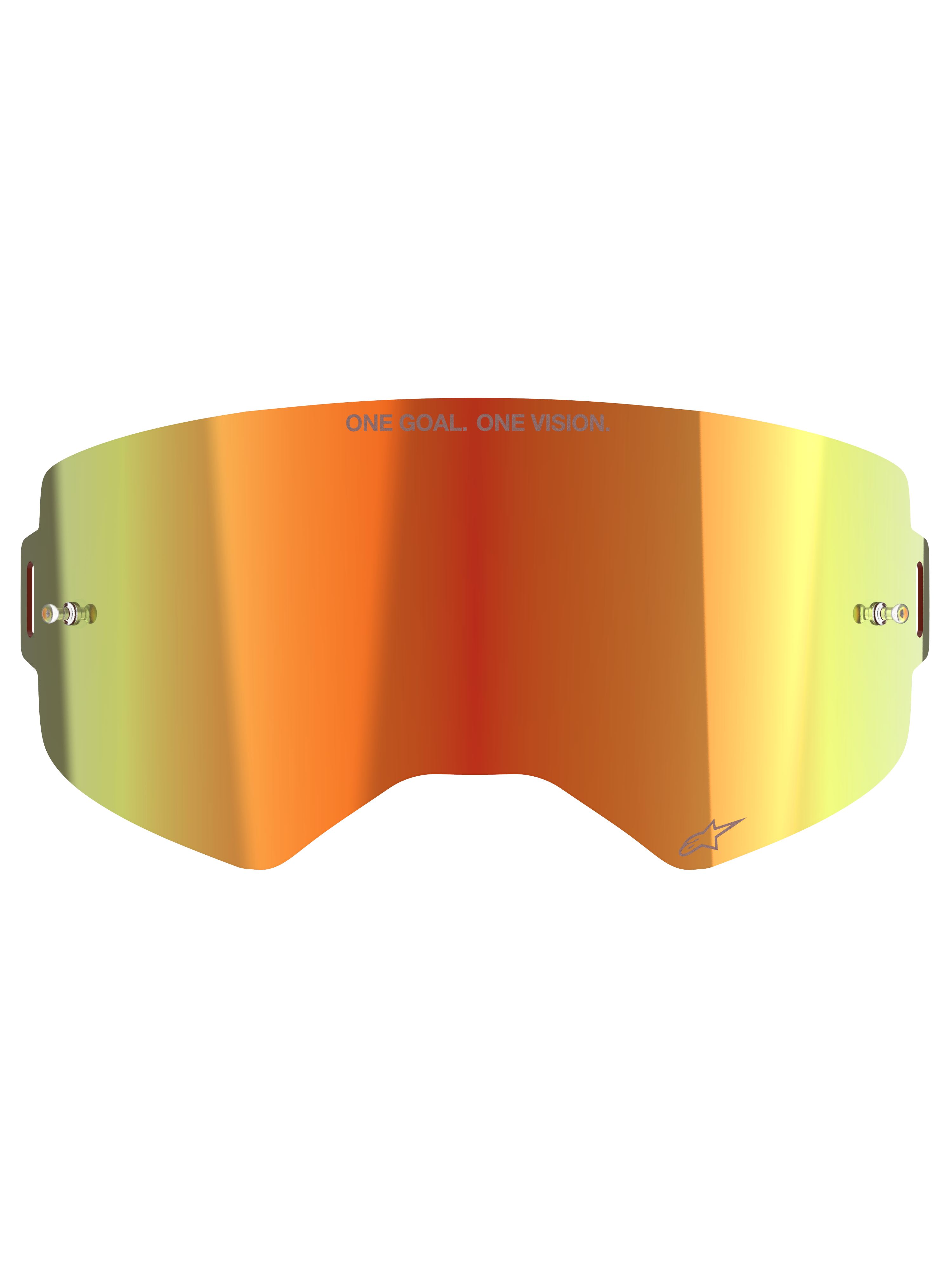 Alpinestars Supertech Mirror Lens, Motocross-Brillen-Ersatzglas, Mirror Red mit orange-gelbem Farbverlauf, mit „ONE GOAL. ONE VISION.“ Schriftzug, integrierten Tear-Off-Pins und verspiegelter Oberfläche für den Offroad-Rennsport