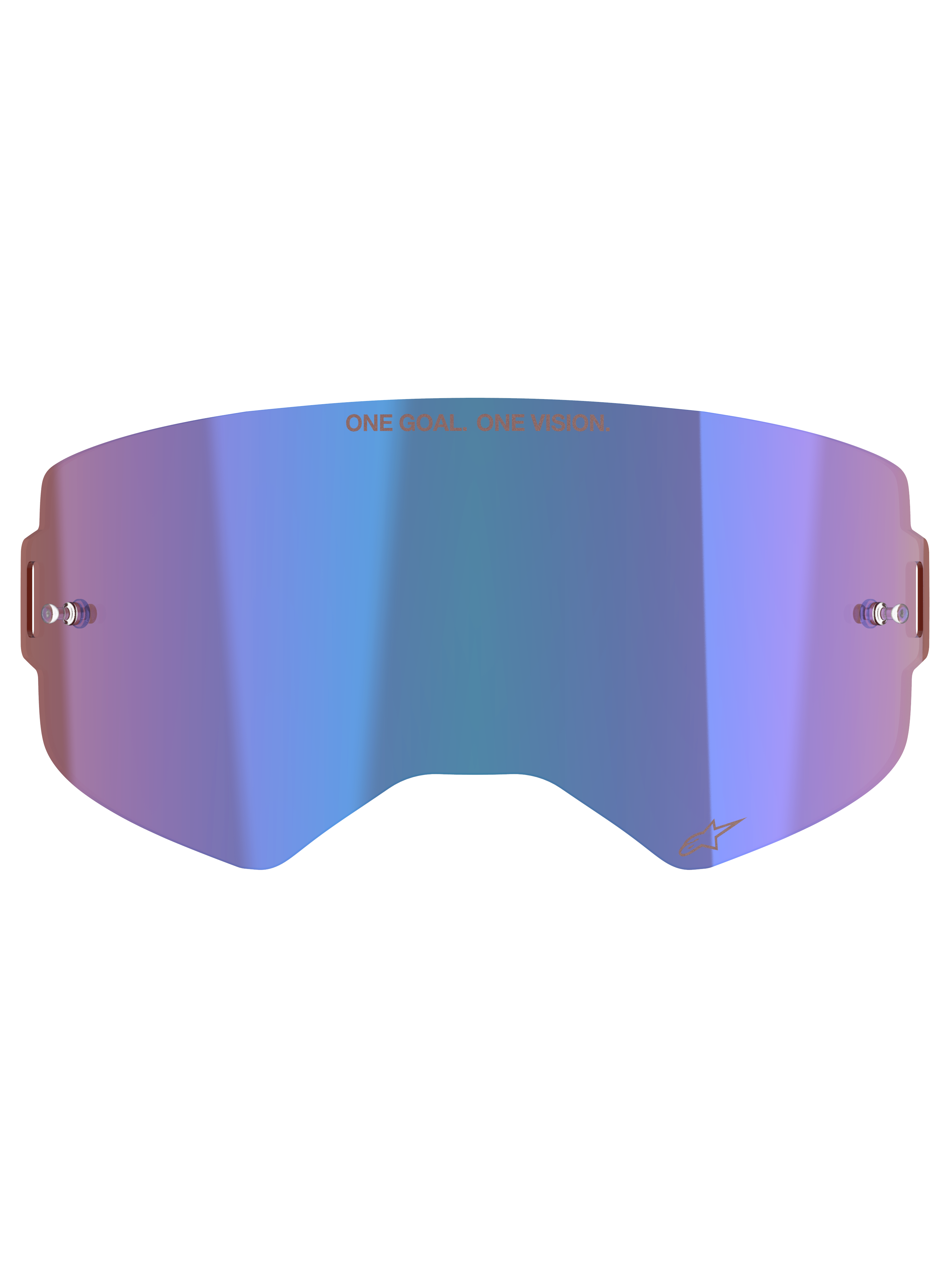 Alpinestars Supertech Mirror Lens, Motocross Goggle Accessory, Mirror Blue with purple hues, featuring Absolute Vision™ technology, integrated tear-off posts, and 'ONE GOAL. ONE VISION.' slogan across the top.