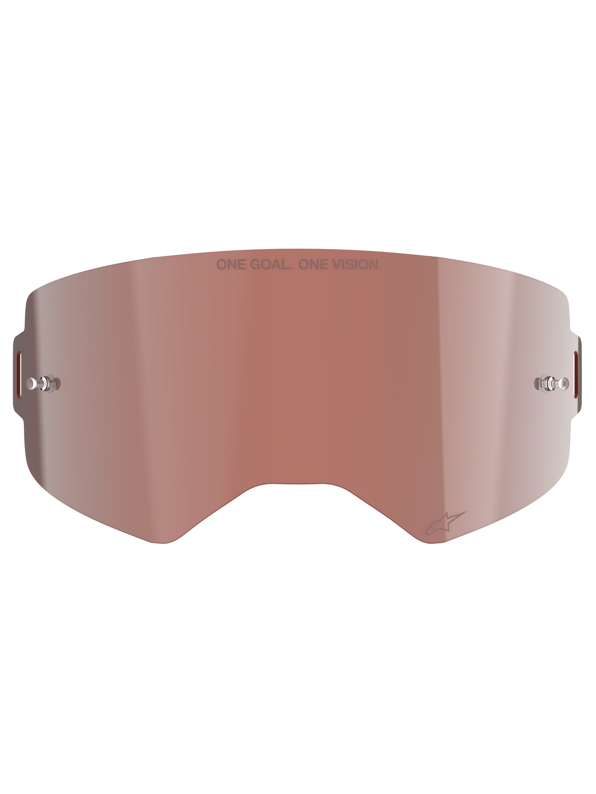 Alpinestars Supertech Mirror Lens, Motocross-Brillen-Ersatzscheibe, Mirror Silver mit rotbrauner Absolute Vision™ Tönung, reflektierende Oberfläche mit integrierten Tear-Off-Pins, „ONE GOAL. ONE VISION.“ Gravur und Alpinestars-Logo