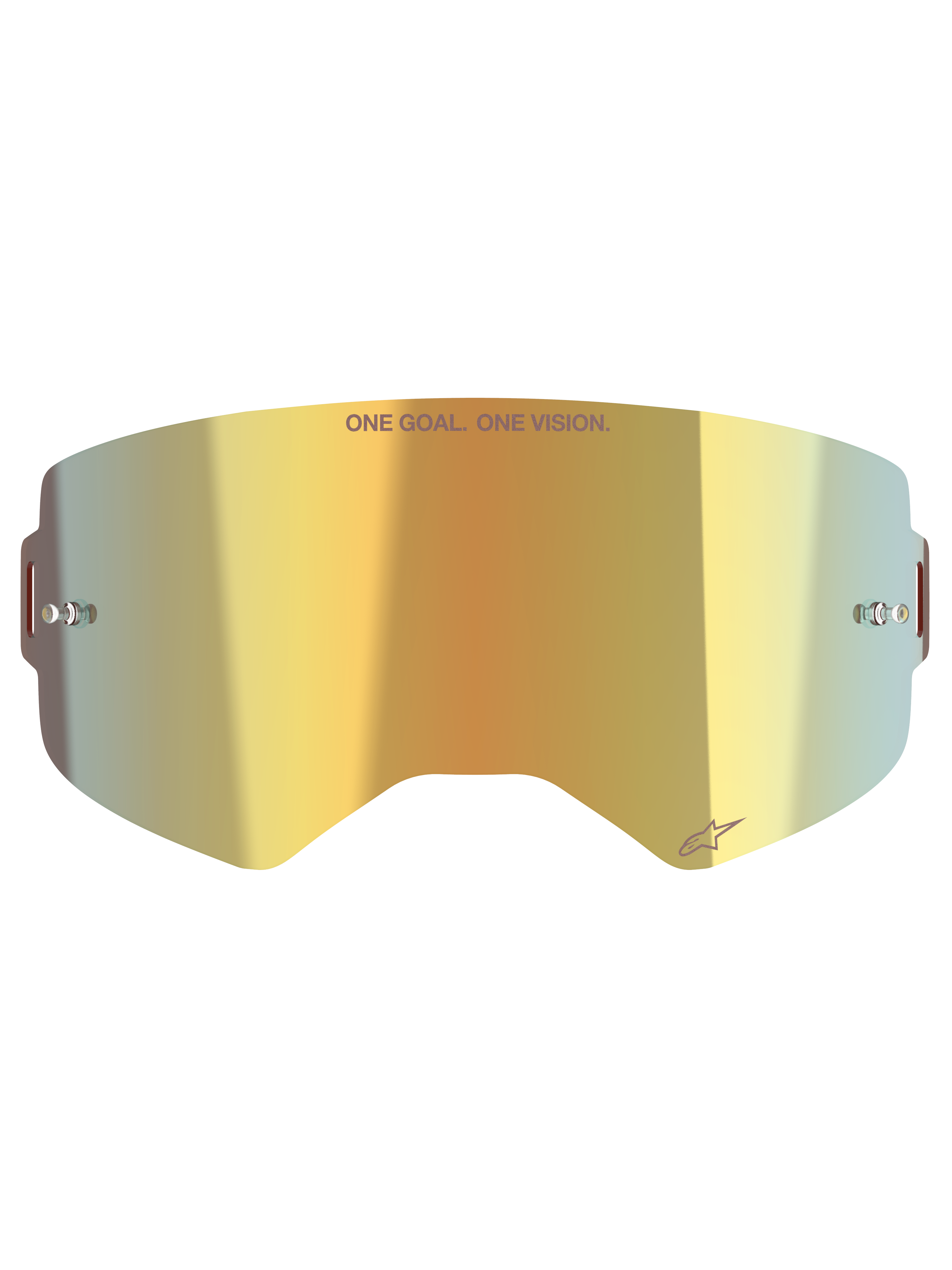 Alpinestars Supertech Spiegelscheibe, Motocross-Brillen-Ersatzglas, Mirror-Gold-Finish, mit „ONE GOAL. ONE VISION.“ Schriftzug und Alpinestars-Logo, inklusive seitlicher Tear-Off-Posts, langlebiges Polycarbonat für Offroad-Rennen