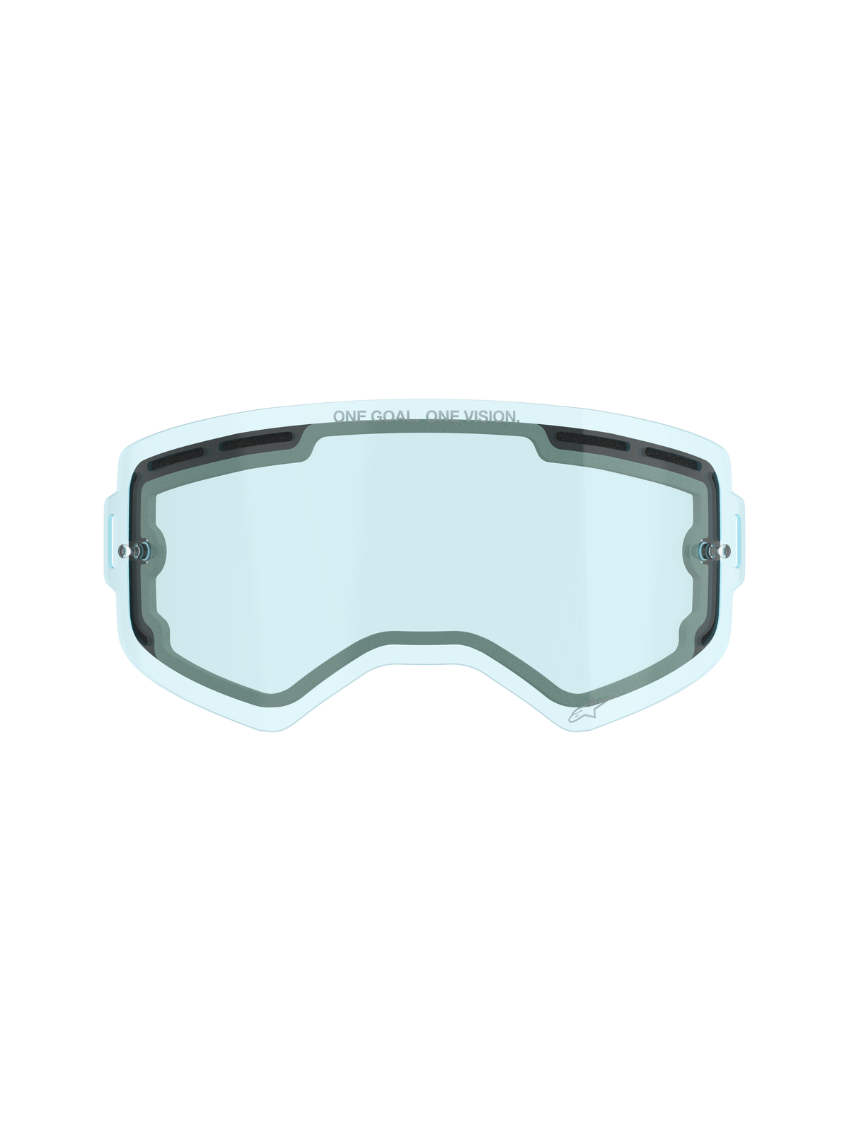 Alpinestars Supertech Dual Pane Vented Lens, Motocross Goggle Replacement Lens, Blue tint, featuring dual-pane polycarbonate construction, black foam seal, top and side ventilation ports, 'ONE GOAL. ONE VISION.' branding, anti-fog performance for off-road racing