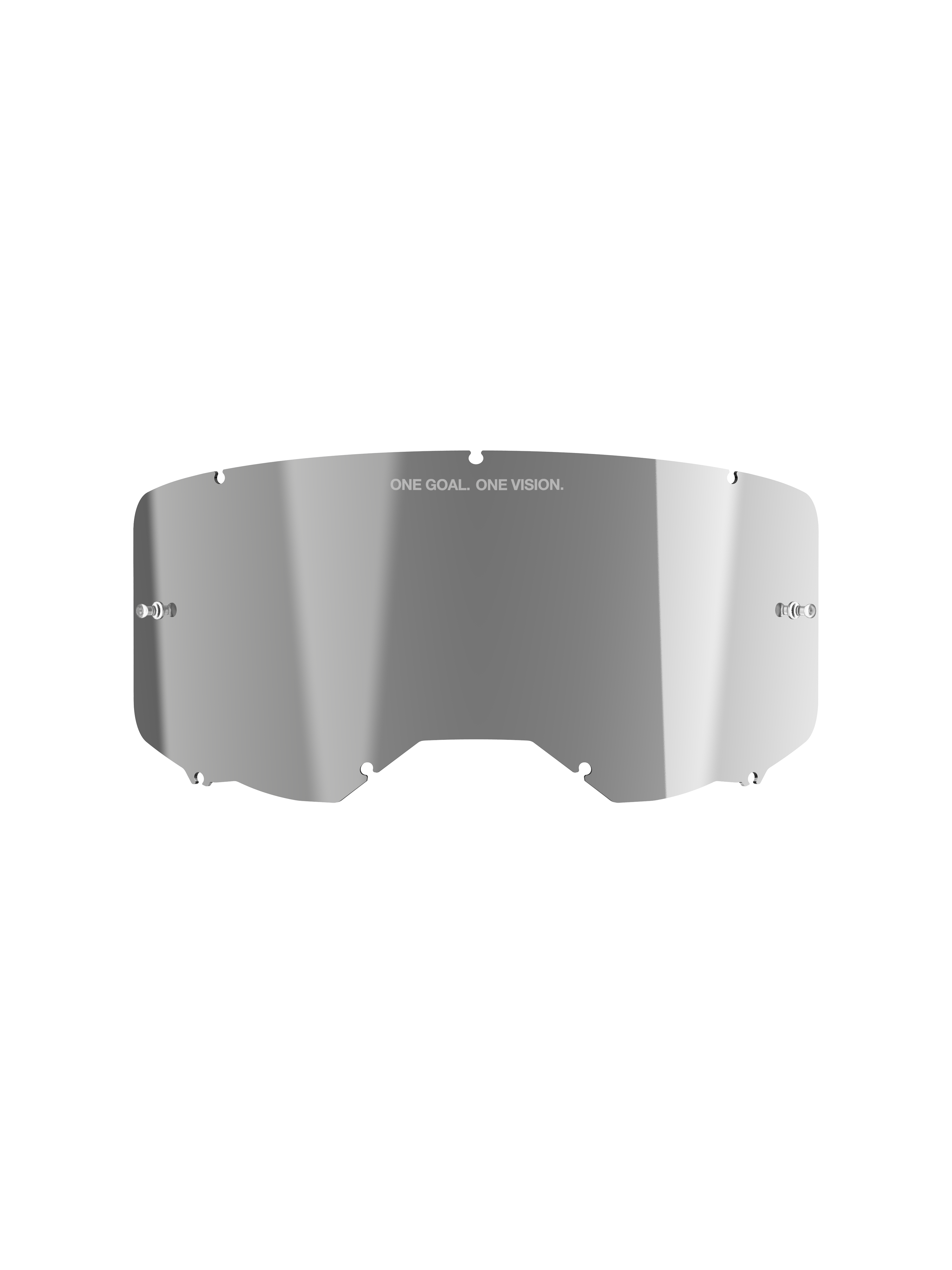 Alpinestars Vision 8-5-3 Mirror Lens, Mirror Silver reflective finish, curved polycarbonate construction with 'ONE GOAL. ONE VISION.' branding, integrated tear-off posts, replacement lens for motocross goggles