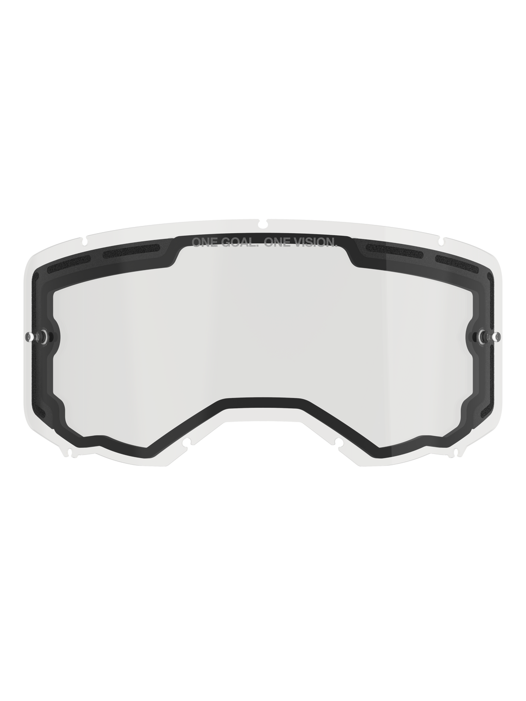 Alpinestars Vision 8-5-3 Doppelscheiben-Linse, klare Ersatzlinse für Motocross-Brillen, mit schwarzer Innendichtung und Belüftungsöffnungen oben, seitlichen Tear-Off-Pfosten, „ONE GOAL ONE VISION“-Branding am oberen Rand, Offroad-Rennsport-Zubehör