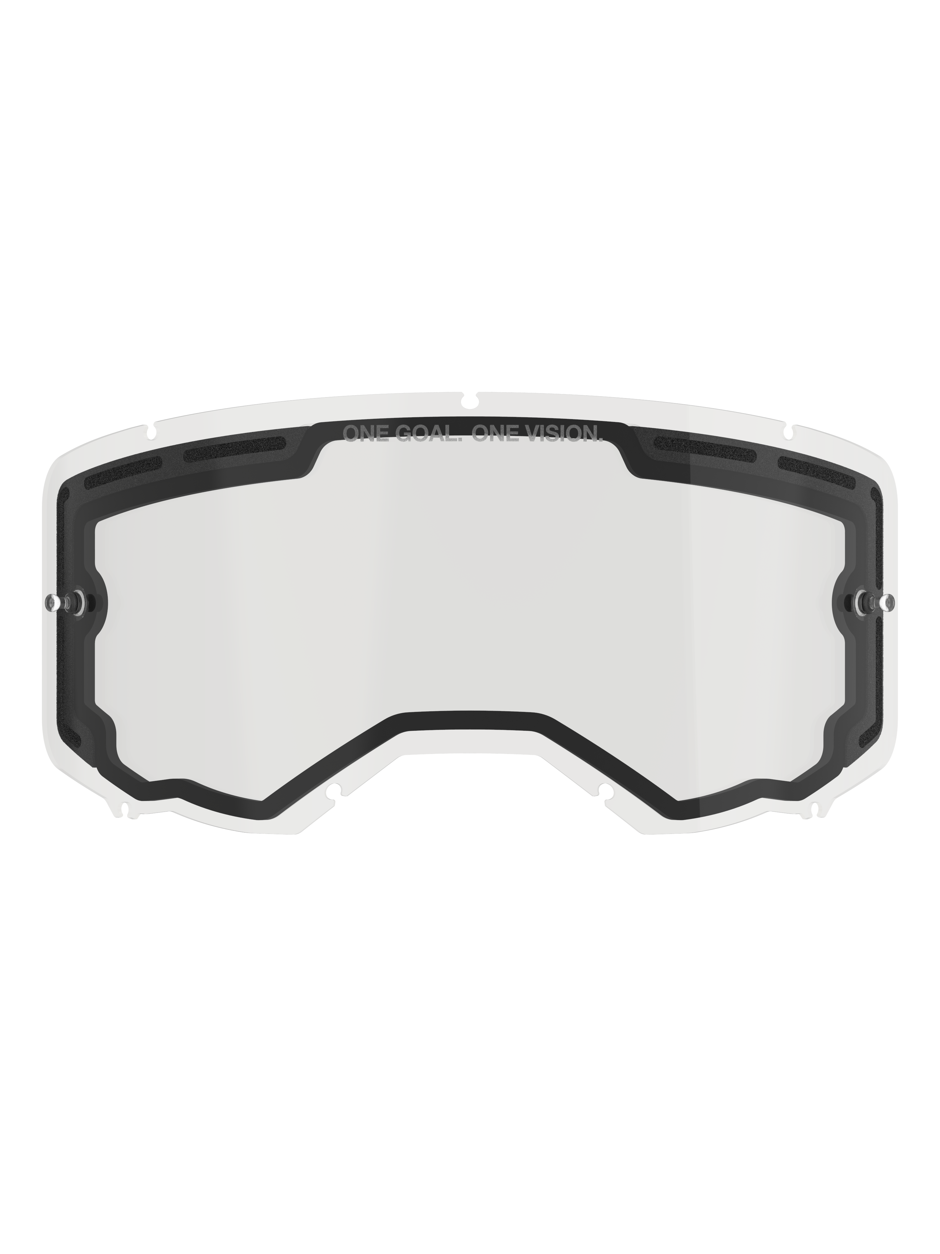 Alpinestars Vision 8-5-3 Doppelscheiben-Linse, klare Ersatzlinse für Motocross-Brillen, mit schwarzer Innendichtung und Belüftungsöffnungen oben, seitlichen Tear-Off-Pfosten, „ONE GOAL ONE VISION“-Branding am oberen Rand, Offroad-Rennsport-Zubehör