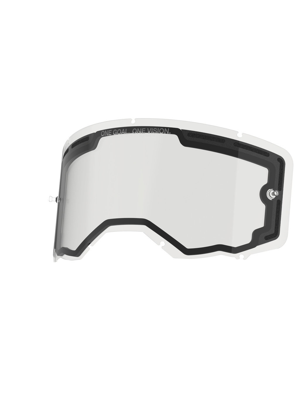 Alpinestars Vision 8-5-3 Doppelscheibe, klare Ersatzscheibe für Crossbrillen, Doppelscheiben-Konstruktion mit schaumstoffunterstützter Belüftung, integrierte Tear-off-Pfosten, Sieben-Schlüsselloch-Verriegelungssystem, „ONE GOAL. ONE VISION.“ Aufdruck am oberen Rand
