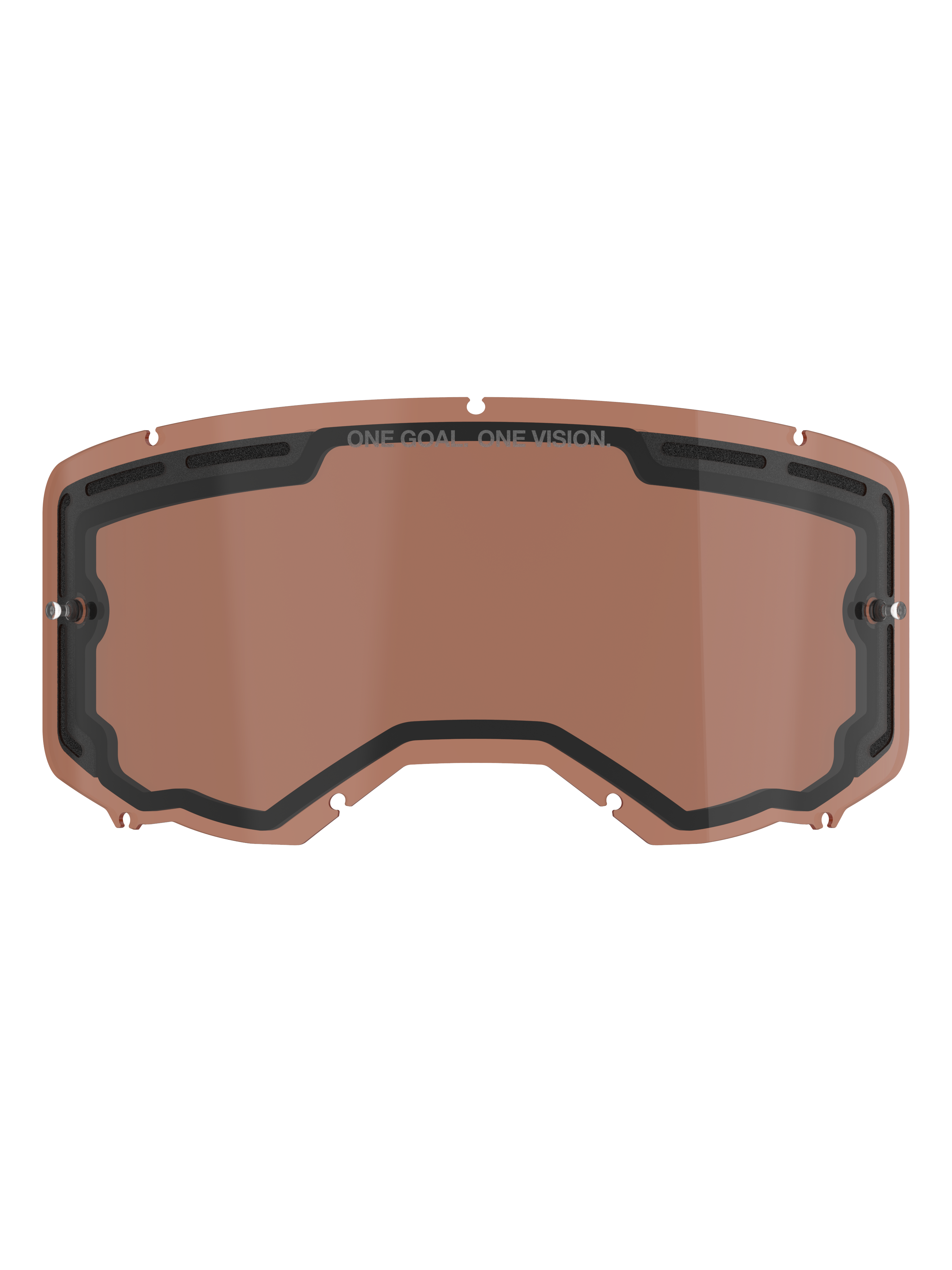 Alpinestars Vision 8-5-3 belüftete Doppelscheibe, Copper Rose getönte Ersatzscheibe für Motocross-Brillen, mit integrierten Tear-off-Pins, oberen Belüftungsöffnungen und „ONE GOAL ONE VISION“-Branding.