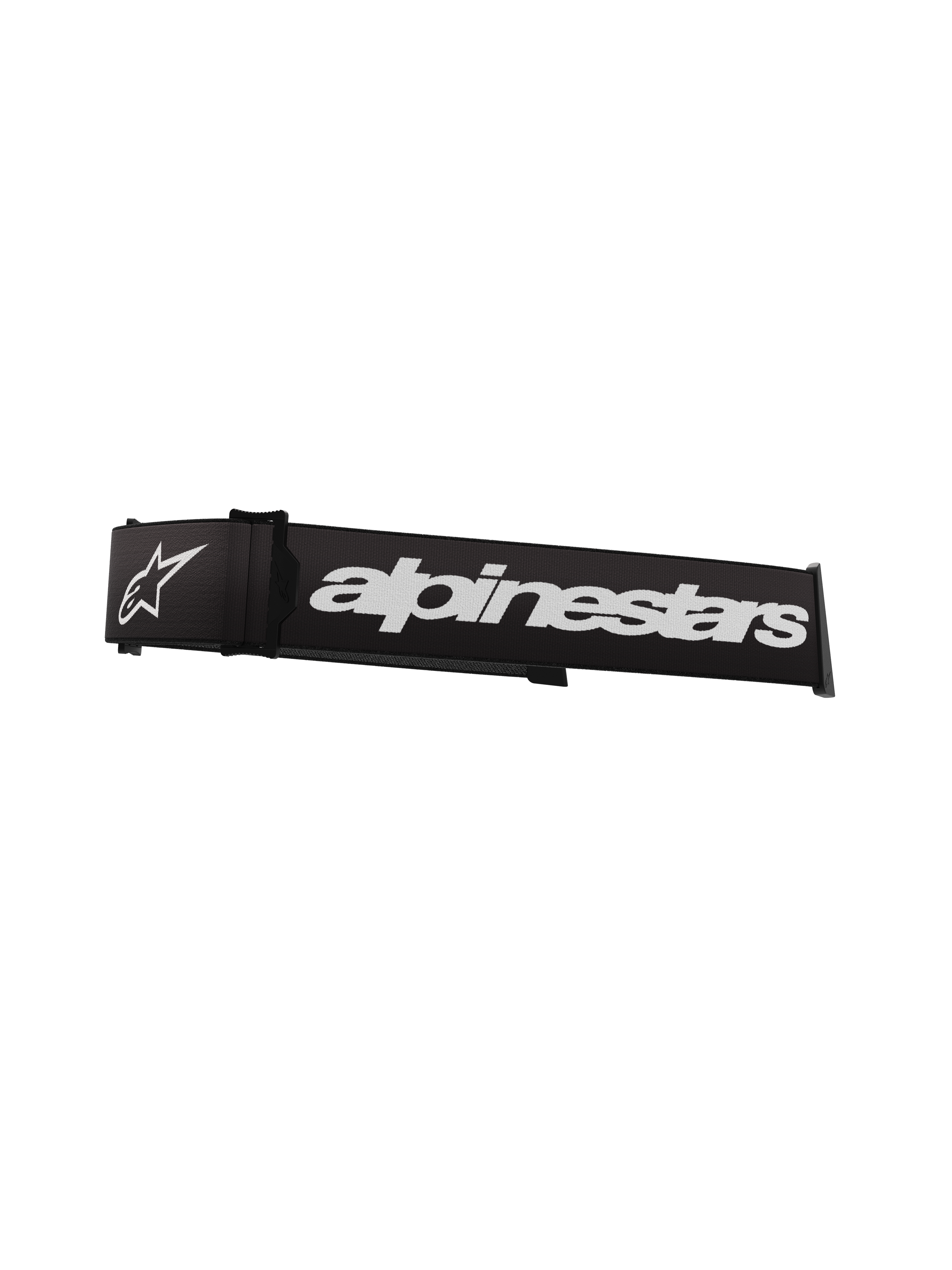 Alpinestars Supertech Goggles Strap, Black and White, featuring a prominent white Alpinestars wordmark and star logo, 45mm replacement strap for motocross goggles with silicone traction and click-snap attachment