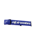 Alpinestars Supertech Goggles Ersatzband, Motocross-Brillenband, Blau und Weiß, markanter weißer Alpinestars-Schriftzug und Stern-Logo, schwarzer ISP-Keil und Rahmenclips, strapazierfähige Webstruktur