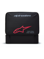 Alpinestars Supertech Vision Goggles Case, Black rectangular storage bag for motocross goggles, featuring grey Alpinestars logo, red A-star symbol, and "ONE GOAL. ONE VISION." text, durable polyester construction with zippered front pocket