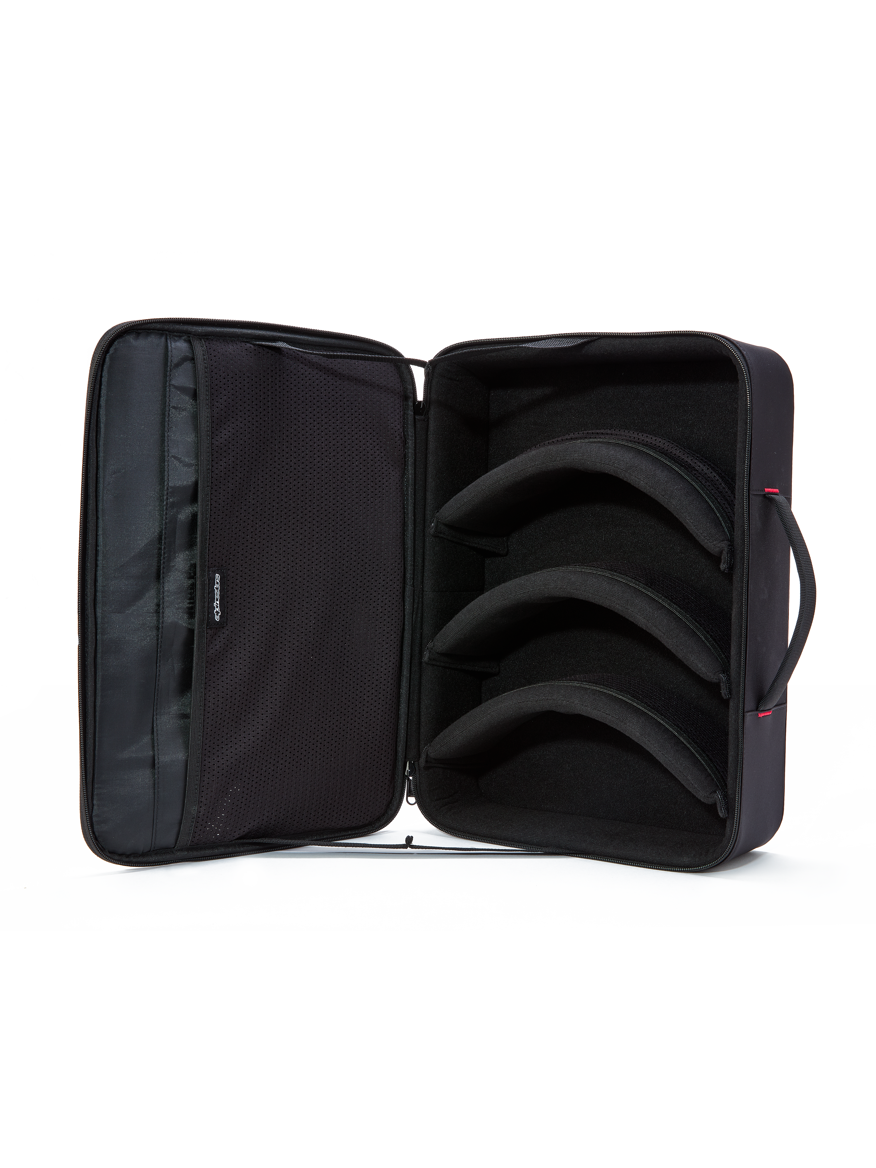 Alpinestars Supertech Vision Goggles Case, Black, open interior view, three modular pre-curved dividers for lens and goggle storage, soft mesh lid pockets for accessories, horizontal briefcase-style design with a padded handle, protective motocross gear organizer