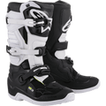 Alpinestars Women Stella Tech 3 Boots, Motocross Off-Road Boots, Black and White, featuring a three-buckle closure system, white TPU shin plates with Alpinestars branding, black microfiber upper with white panels, white soles, protective performance footwear for female riders