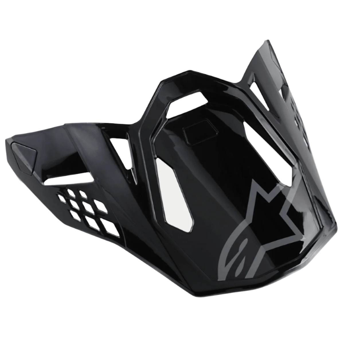 Alpinestars S-M8 Helmvisier Radium, glänzend schwarzes Motorradhelm-Visier mit grauem Alpinestars-Logo, aerodynamische eckige Ausschnitte und scharfe Kanten, moderner Rennsport-Stil für Offroad-Helme