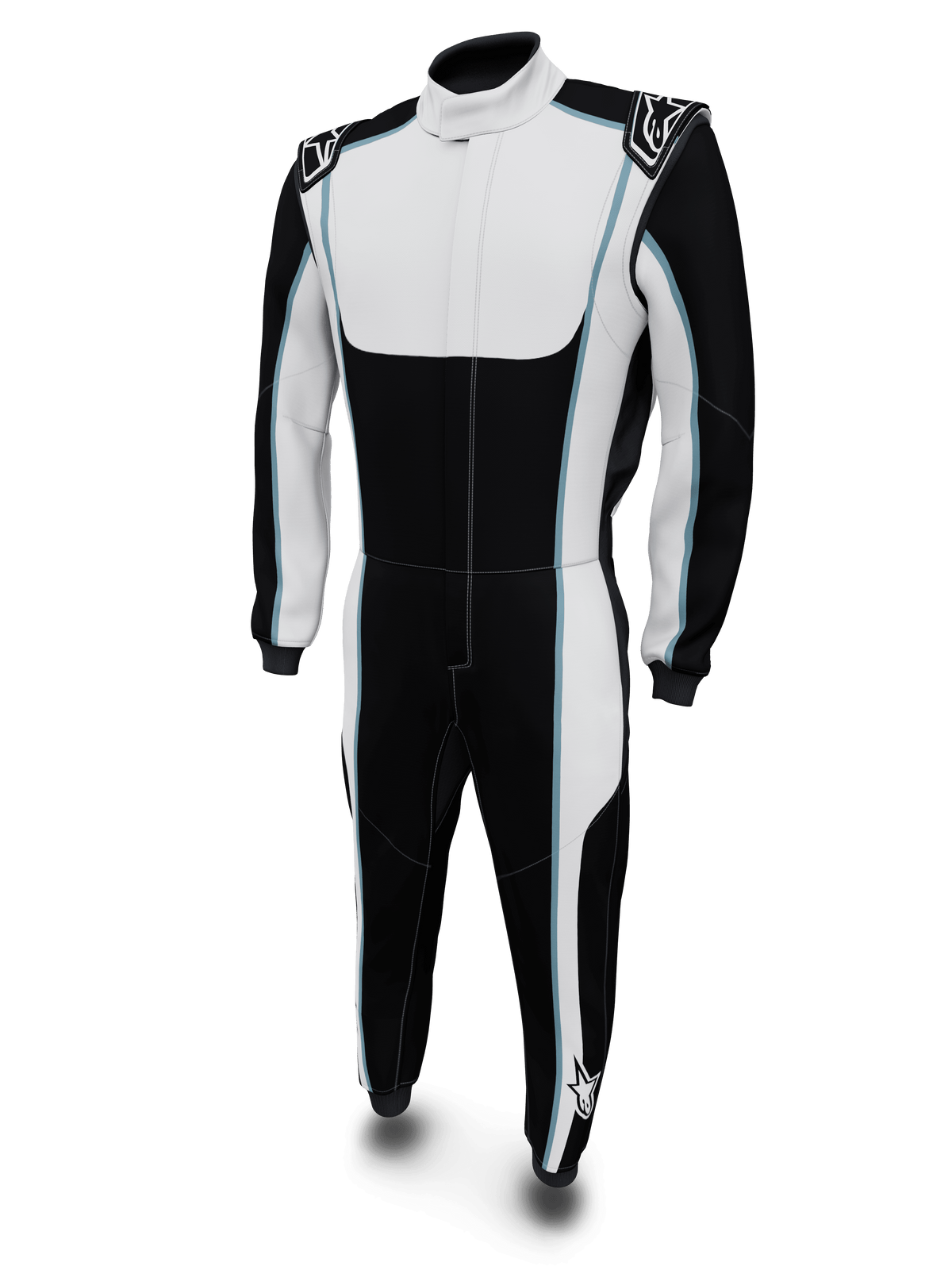 Alpinestars Tech Vision V3 Custom Suit, Rennanzug für Motorradrennen, Schwarz und Weiß mit Hellblauen Akzenten, Hochgeschlossener Kragen, Langarm, Aerodynamisches Design, Professionelle Rennbekleidung