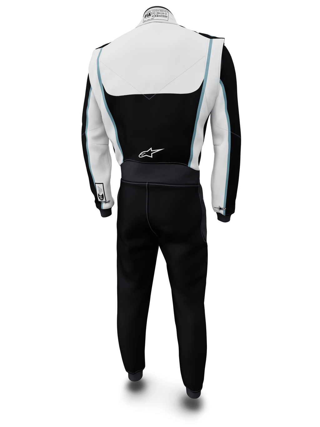 Alpinestars Tech Vision V3 Maßanzug, Auto-Rennanzug, Weiß und Schwarz mit hellblauen Akzenten, Rückansicht, mit Alpinestars-Logo auf dem unteren Rücken und FIA-Zertifizierungsetikett am Kragen, professionelle feuerhemmende Rennbekleidung mit Nomex-Konstruktion