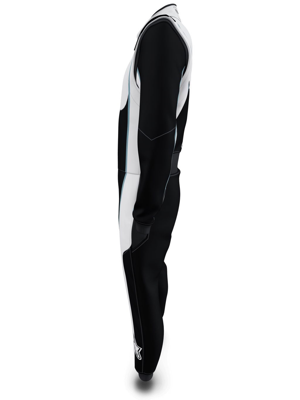 Alpinestars Tech Vision V3 Maßanzug, Seitenprofil-Ansicht, Schwarz und Weiß mit hellblauen Akzenten, professioneller FIA- und SFI-zertifizierter Autorennanzug, leichte Nomex-Konstruktion