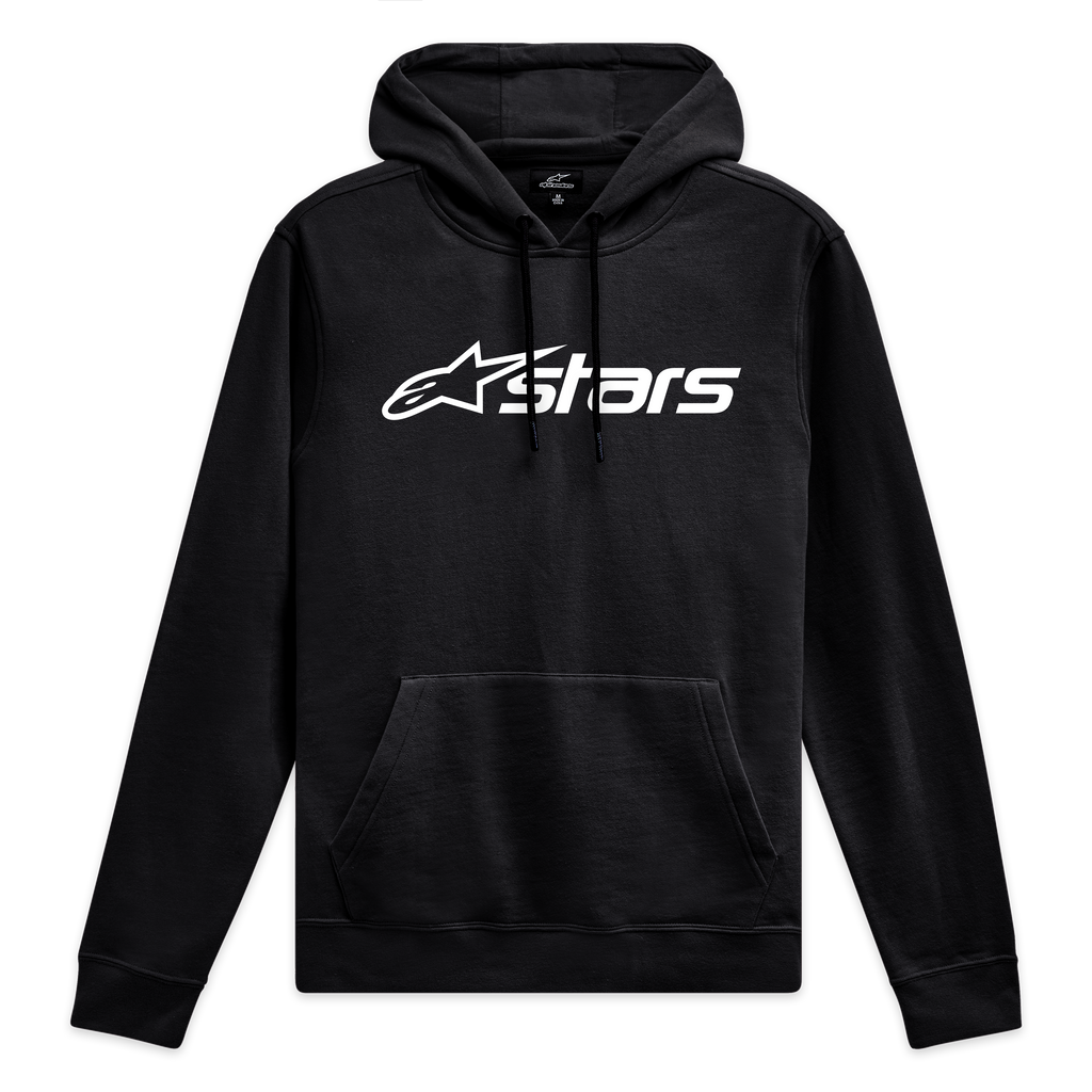 Alpinestars Blaze V3 Kapuzenpullover, schwarzer Sportswear-Pullover mit weißem Blaze 2.0-Logo-Print auf der Brust, Kapuze mit Jersey-Futter und Rippbündchen.