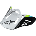 Alpinestars Supertech M8 Helmvisier Contact, Matt-Silber und Schwarz, limettengrüne und cyanblaue Akzente, eckiges aerodynamisches Design mit schwarzem Stern-Logo, geometrische Belüftungsausschnitte, Ersatz-Helmschild für Motocross-Helme