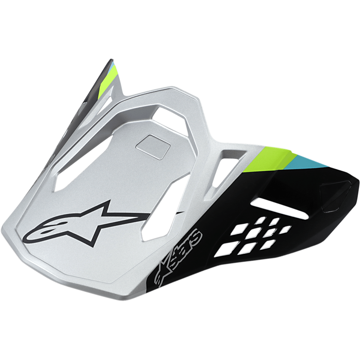 Alpinestars Supertech M8 Helmvisier Contact, Matt-Silber und Schwarz, limettengrüne und cyanblaue Akzente, eckiges aerodynamisches Design mit schwarzem Stern-Logo, geometrische Belüftungsausschnitte, Ersatz-Helmschild für Motocross-Helme