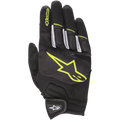 Alpinestars Atom Handschuhe, leichte Motorrad-Straßenhandschuhe, Schwarz und Neongelb, Mesh-Gewebe für Belüftung, großes neongelbes Logo auf dem Handrücken, weiße Fingerakzente, Klettverschluss am Handgelenk für den urbanen Einsatz