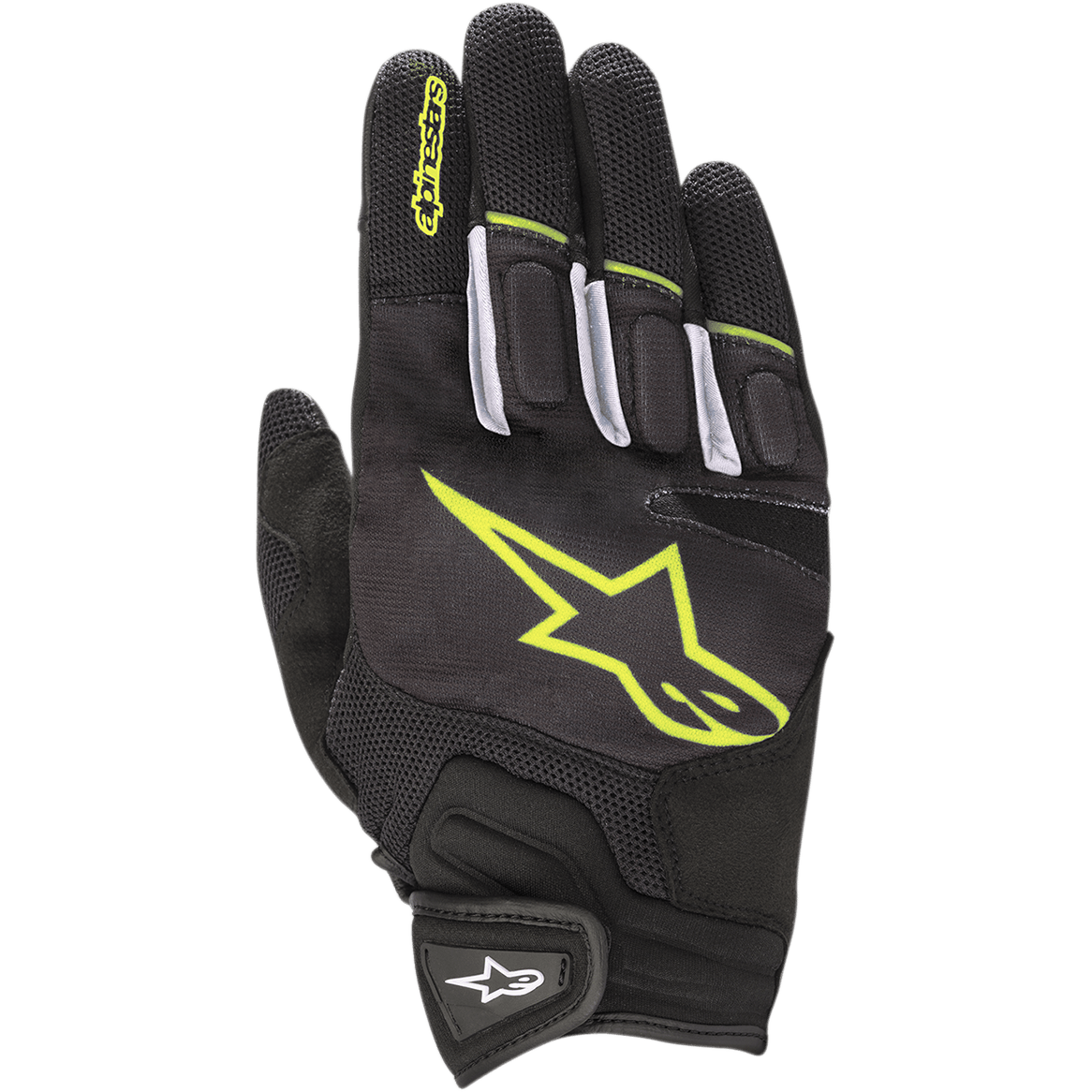 Alpinestars Atom Gloves, lightweight motorcycle road gloves, Black and Yellow Fluorescent, mesh shell for airflow, large fluorescent yellow logo on backhand, white finger accents, and hook-and-loop wrist strap for urban use.