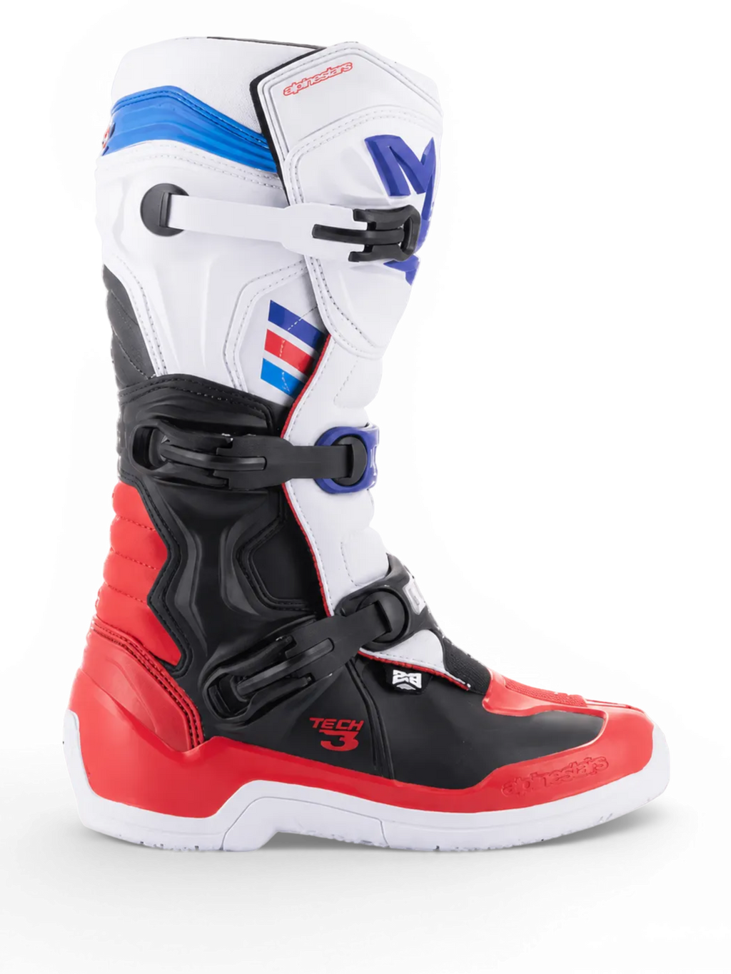 Alpinestars Tech 3 Stiefel, weiße und leuchtend rote Motocrossstiefel mit dunkelblauen Akzenten, schwarzem TPU-Schutz und Dreischnallenverschluss, Seitenansicht