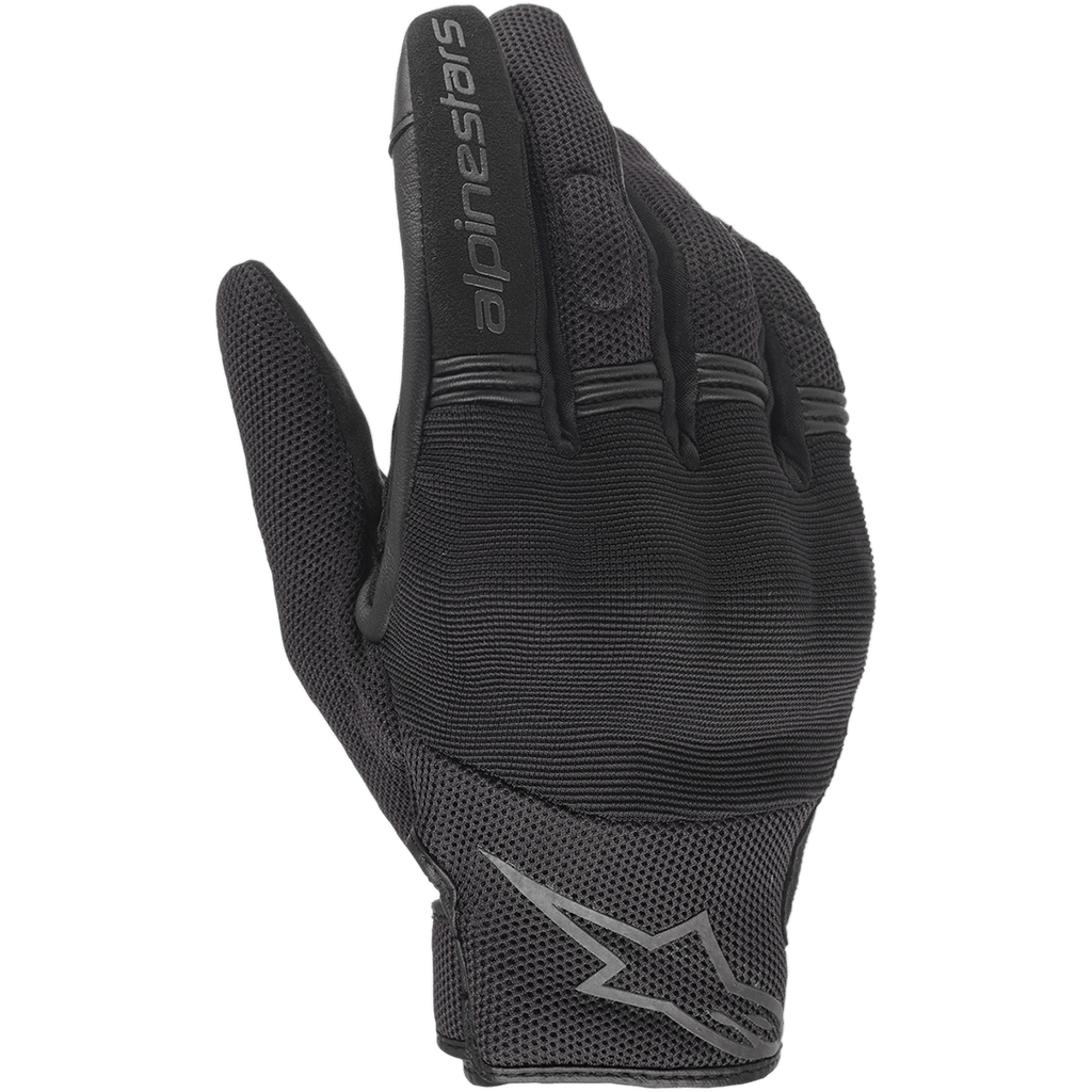 Alpinestars Stella Copper Damen-Handschuhe, schwarze Motorradhandschuhe, Handrückenansicht mit Mesh- und Textilkonstruktion, gerippte Akkordeon-Einsätze an den Fingern, Alpinestars-Schriftzug auf dem Zeigefinger und Stern-Logo am Handgelenk, leichtes urbanes Design