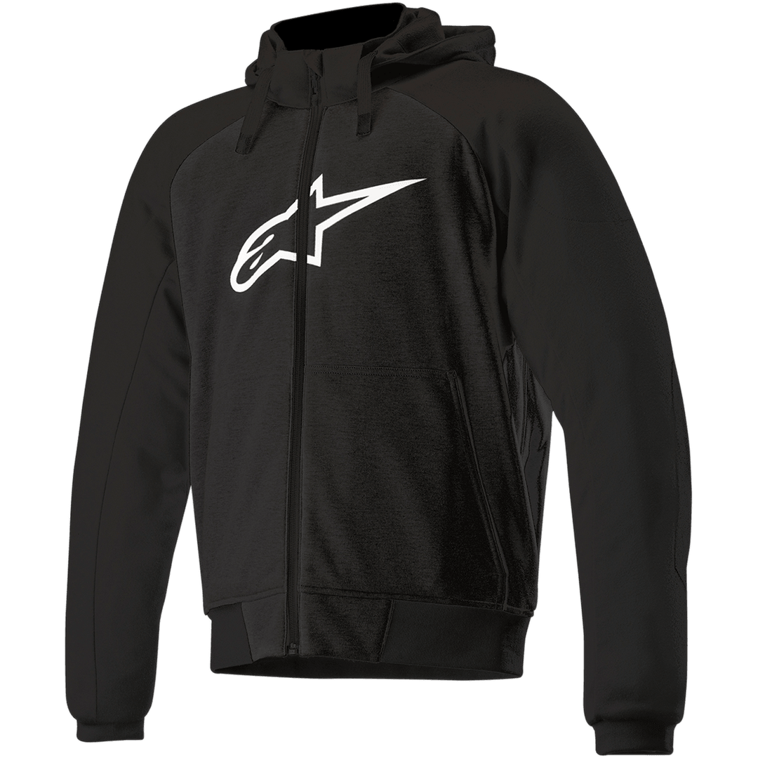 The Alpinestars EU Chrome Sport Hoodie is a sleek and minimalistic black hooded sweatshirt with long sleeves, featuring a white stylized logo on the chest. It includes a front zipper and two side pockets. Designed for urban riding, it also offers optional Nucleon Flex Plus protectors for enhanced safety.