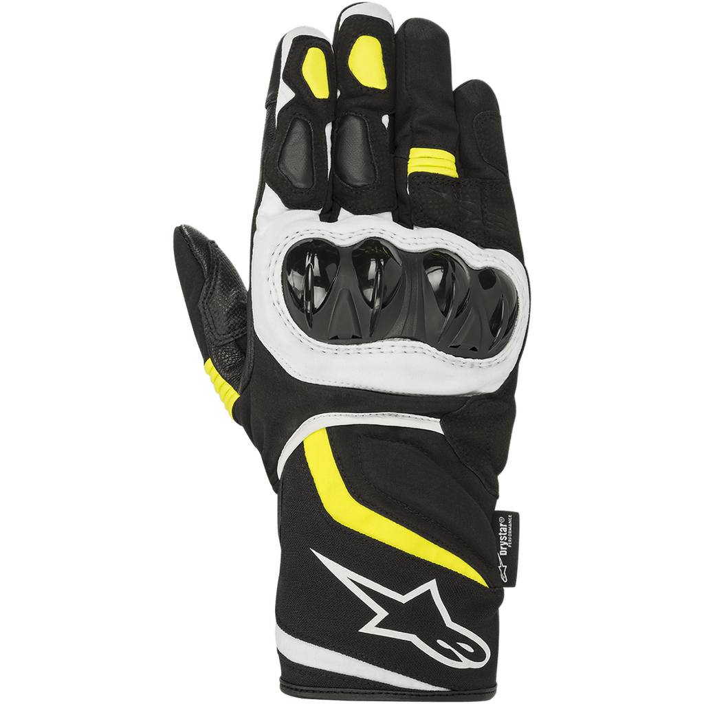 Alpinestars T-SP W Drystar® Handschuhe, Sport-Motorradhandschuhe, Schwarz mit gelben Fluo- und weißen Akzenten, harter Knöchelprotektor, mittellange Stulpe mit weißem Logo, wasserdichte Textil- und Softshell-Konstruktion