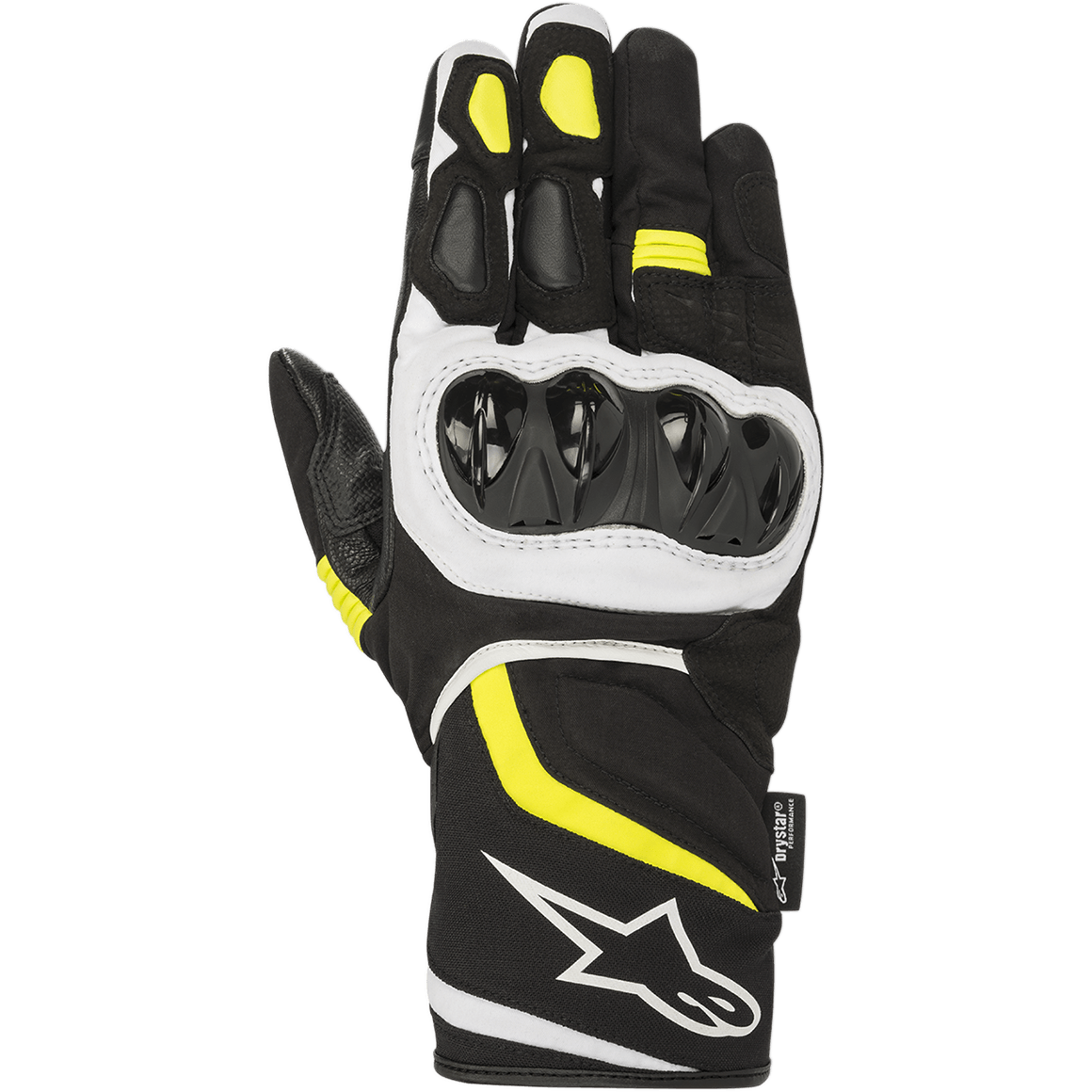 Alpinestars T-SP W Drystar® Handschuhe, Sport-Motorradhandschuhe, Schwarz mit gelben Fluo- und weißen Akzenten, harter Knöchelprotektor, mittellange Stulpe mit weißem Logo, wasserdichte Textil- und Softshell-Konstruktion