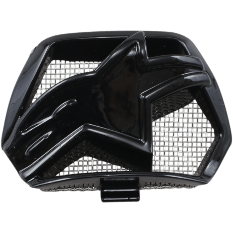 Alpinestars Supertech M10/M8 Helm-Kinnbelüftung, schwarzes, glänzendes Kunststoff-Ersatzteil, mit zentralem sternförmigem Logo und internem Mesh-Gitter, Belüftungszubehör für Motocross-Helme