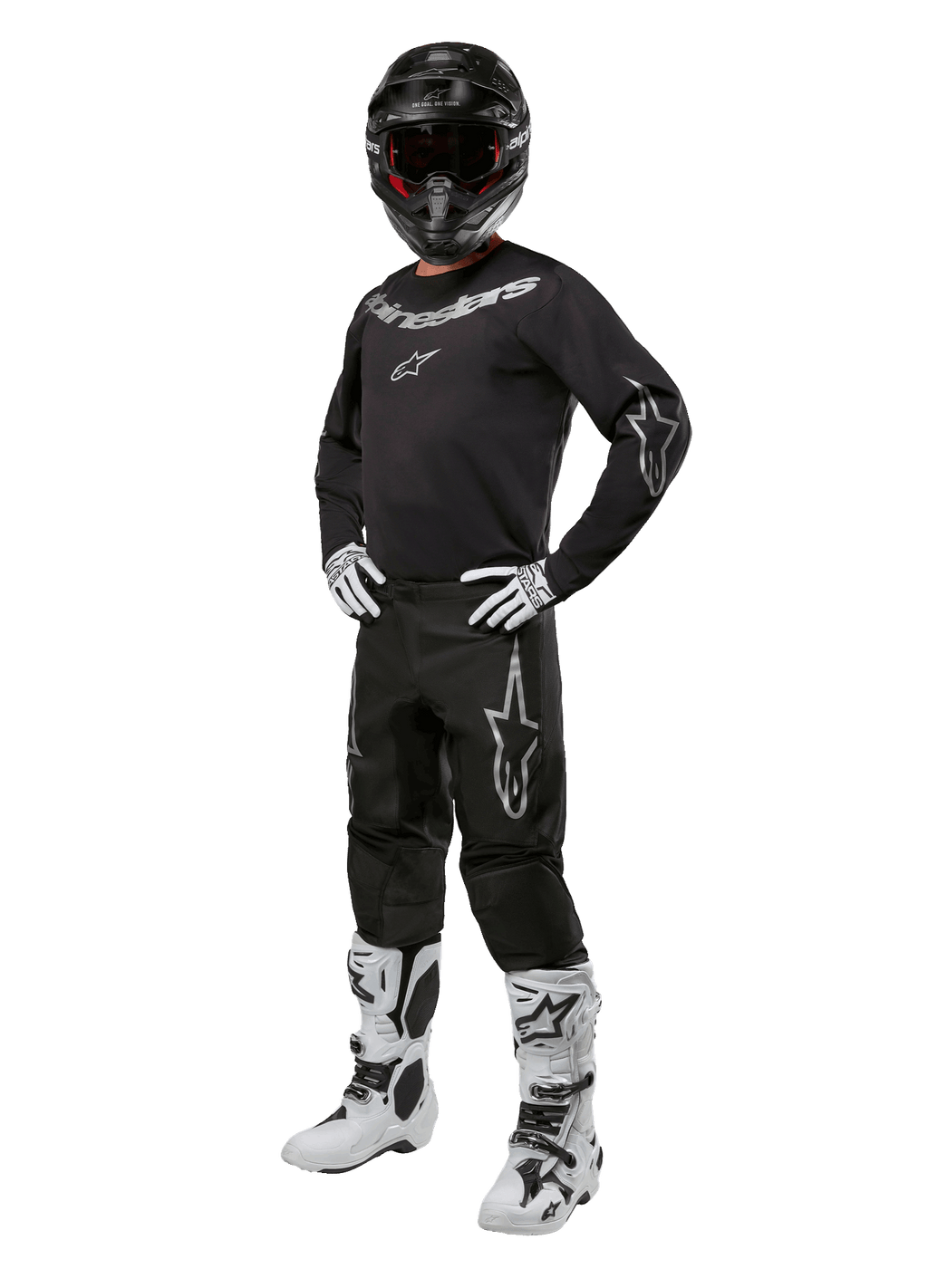 Alpinestars 2024 Fluid Graphite Ausrüstungsset, komplettes Motocross-Rennoutfit, Schwarz mit grauen und weißen Logos, bestehend aus Trikot und Hose mit passendem schwarzem Helm, weiß-schwarzen Handschuhen und Stiefeln, entwickelt für Offroad-Schutz