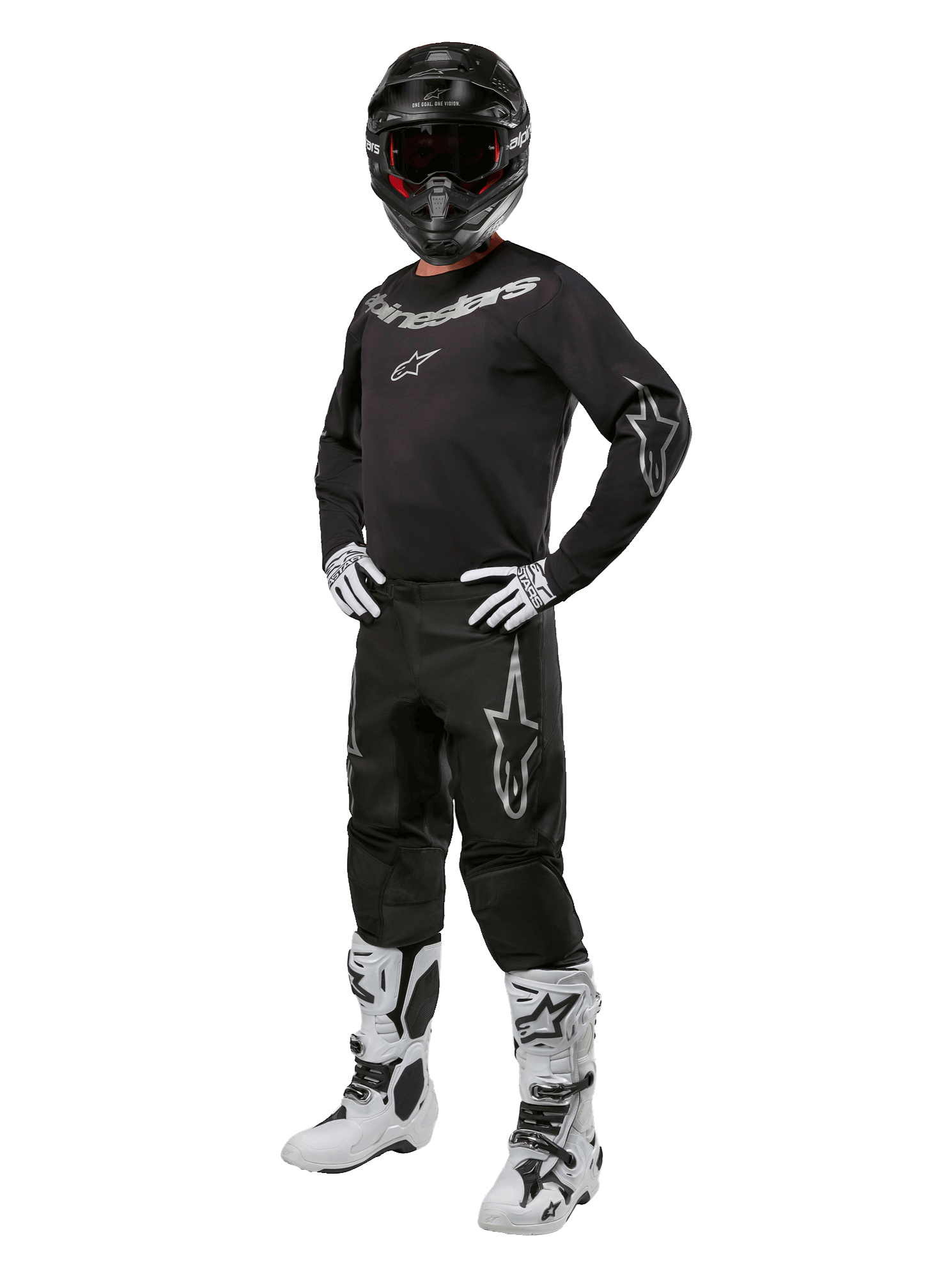 Alpinestars 2024 Fluid Graphite Ausrüstungsset, komplettes Motocross-Rennoutfit, Schwarz mit grauen und weißen Logos, bestehend aus Trikot und Hose mit passendem schwarzem Helm, weiß-schwarzen Handschuhen und Stiefeln, entwickelt für Offroad-Schutz