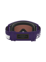 Alpinestars Limited Edition HUNTA96 XXV Supertech Vision Goggles, Purple and White, back view of adjustable strap featuring black Alcantara patch with yellow contrast stitching and Hunter Edition One branding, premium motocross eyewear inspired by Porsche GT3RS