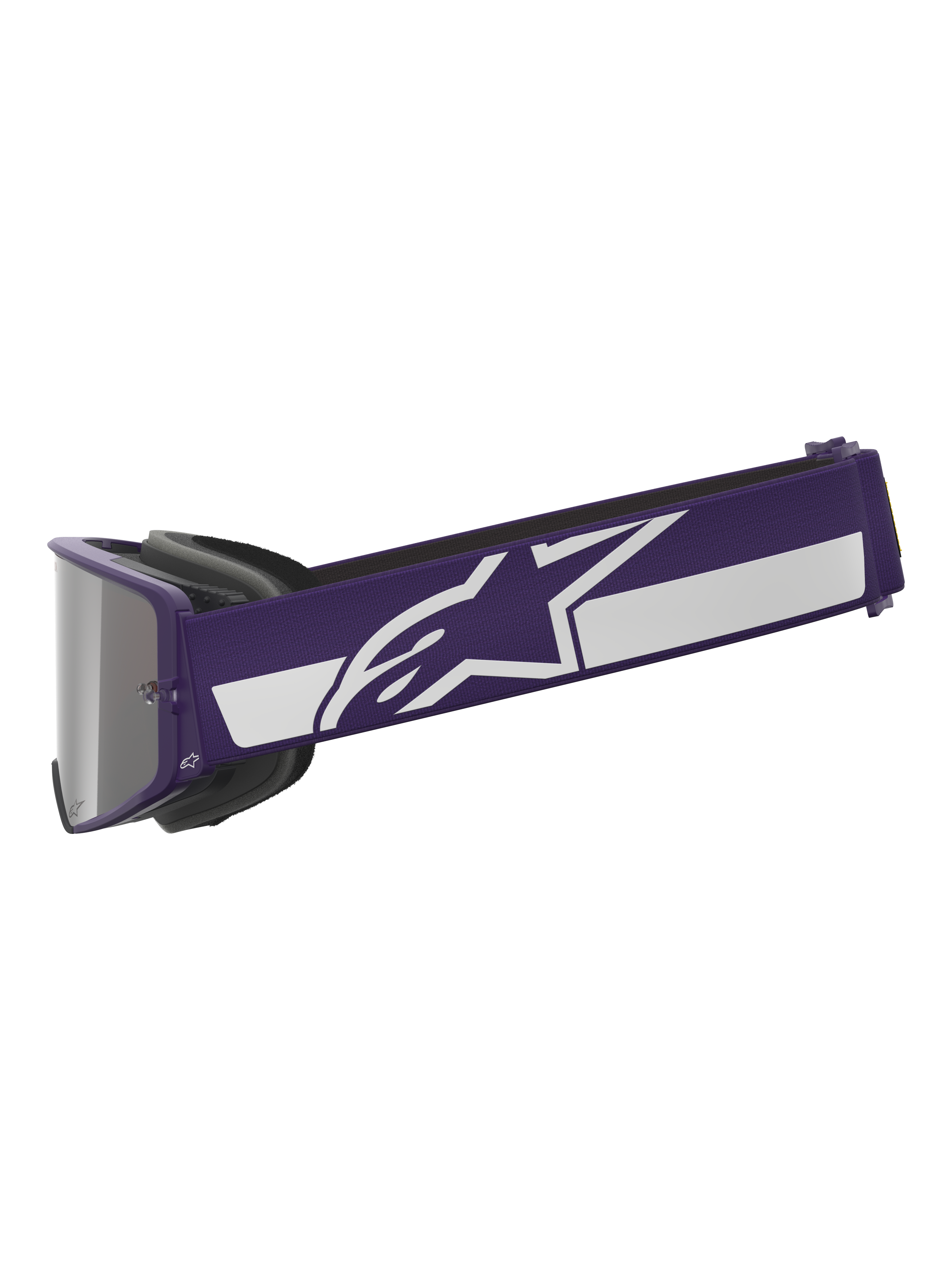 Alpinestars Limited Edition HUNTA96 XXV Supertech Vision Goggles, Motocross Goggles, Purple and White, side profile showing wide purple strap with white Alpinestars star logo and stripe, silver mirror lens, high-performance off-road eyewear