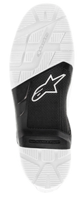 Alpinestars Tech 7 Enduro Sole, replacement rubber outsole, Black and White, bottom view showing textured tread with lugged pattern, featuring white Astars logo on black mid-section and embossed Alpinestars branding, spare part for off-road motorcycle boots