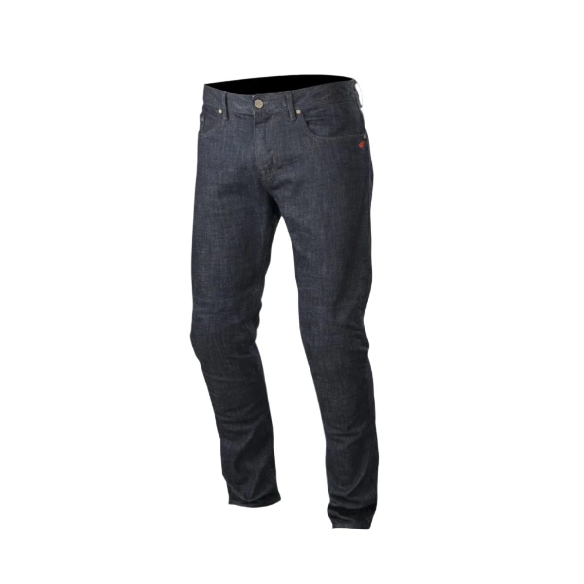 Alpinestars Copper Denim Hose, Motorradjeans, Dunkelblau, reguläre gerade Passform mit vorgeformter Beinkonstruktion, kleines rotes Logo auf der Münztasche, klassisches Five-Pocket-Design für urbanes Pendeln