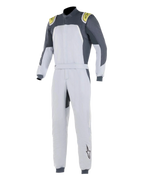 Alpinestars GP Pro Comp Anzug, Professioneller Auto-Rennanzug, Silber Blau Asphalt Lime, hellsilbernes Design mit dunkelgrauen Schulterpaneelen und limettengrünen Akzenten, Taillengürtel und gerippte Bündchen, FIA-zertifizierte dreilagige Konstruktion für Performance im Motorsport