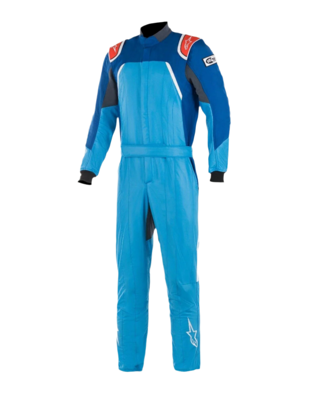 Alpinestars GP Pro Comp Bootcut Anzug FIA, Autorennanzug, Kobaltblau und Königsblau mit roten Akzenten, verfügt über rote Schulterklappen mit weißen Logos, schwarze Ärmelbündchen und Bootcut-Beine, mehrlagige Aramid-Konstruktion für Rundstreckenrennen